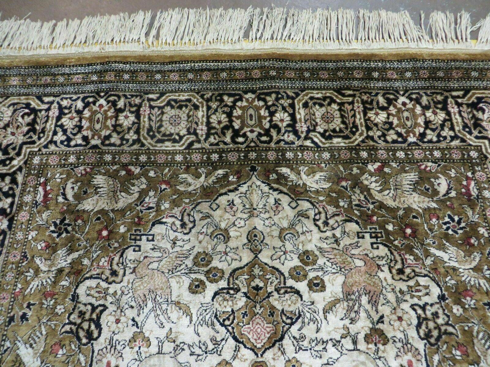 3' X 5' Fine Handmade Chinese Silk Rug Deer Birds Hand Knotted One Of A Kind