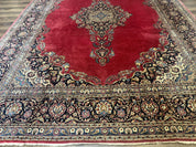 Persian Kashan Rug 9x12, Traditional, Semi Open Field, Red, Signed By Master Weaver, Antique Rug