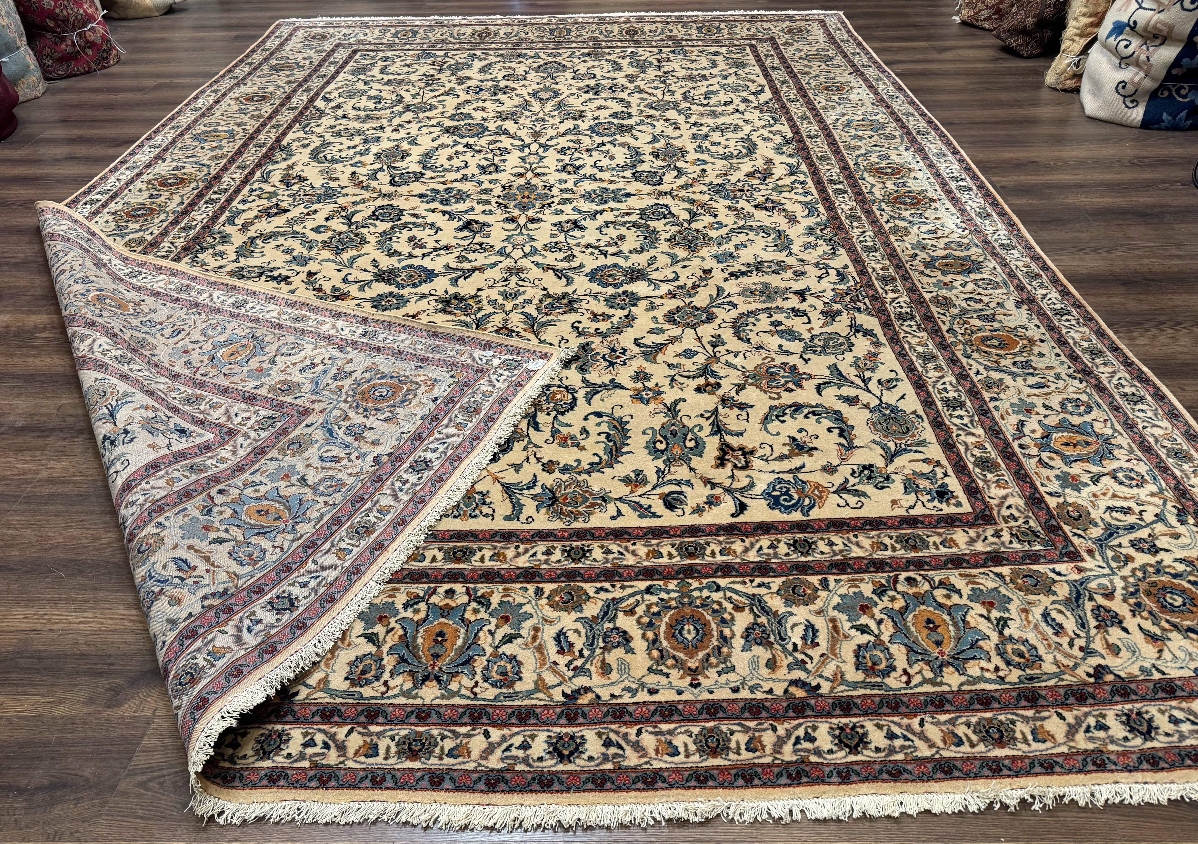 Persian Kashan Rug 10x14, Bone - Beige and Blue, Allover Pattern, Traditional Persian Carpet, Fine 260 KPSI