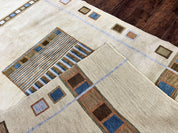 Tibetan Rug 5x8, Contemporary Rug 5 x 8 ft, Cream Brown Blue Hand-Knotted Wool w/ Silk Highlights Tibetan Carpet, Modern Rug