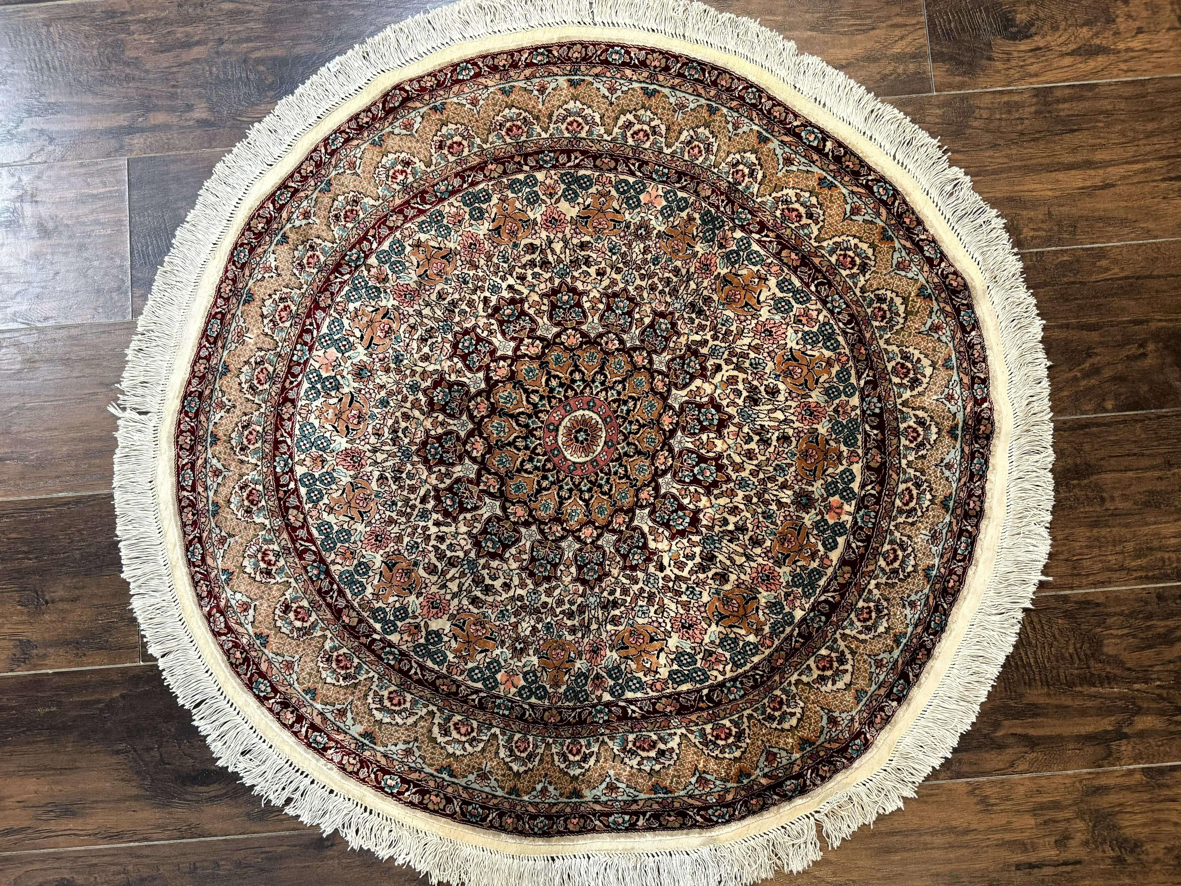 Round Silk Rug 3x3, Extremely Fine 580 KSPI, Sino Persian Round Handmade Carpet, Silk on Silk