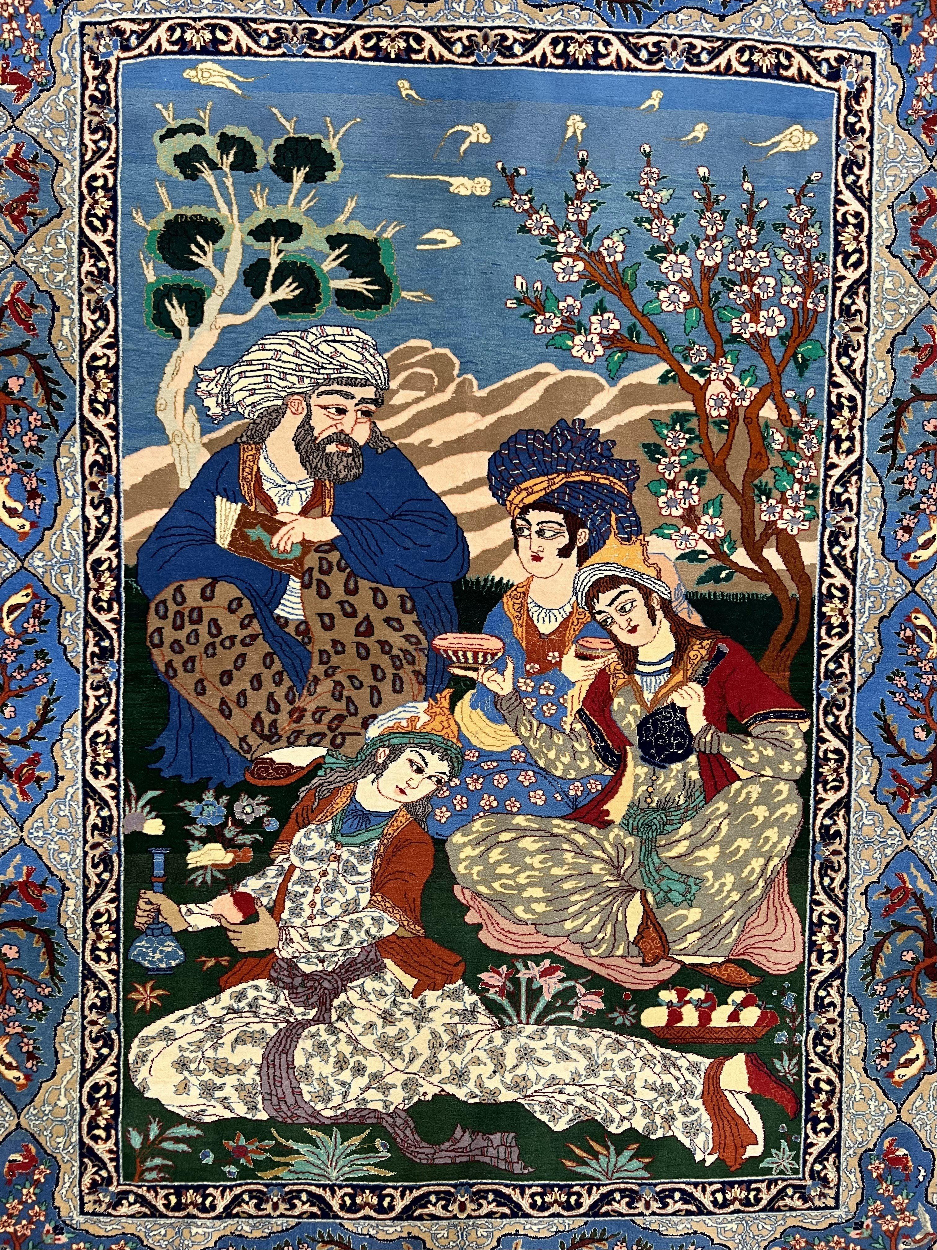 Fine Persian Isfahan Pictorial Rug 3.7 x 5, Kork Wool on Silk Foundation, Blue Persian Carpet, Hand Knotted, Humans Birds, High KPSI, Semi Antique