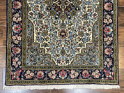 Persian Qum Rug 3x5, Wool with Silk Highlights, Handmade Semi Antique Carpet, Ivory & Navy Blue, Floral Medallion, Finely Hand Knotted