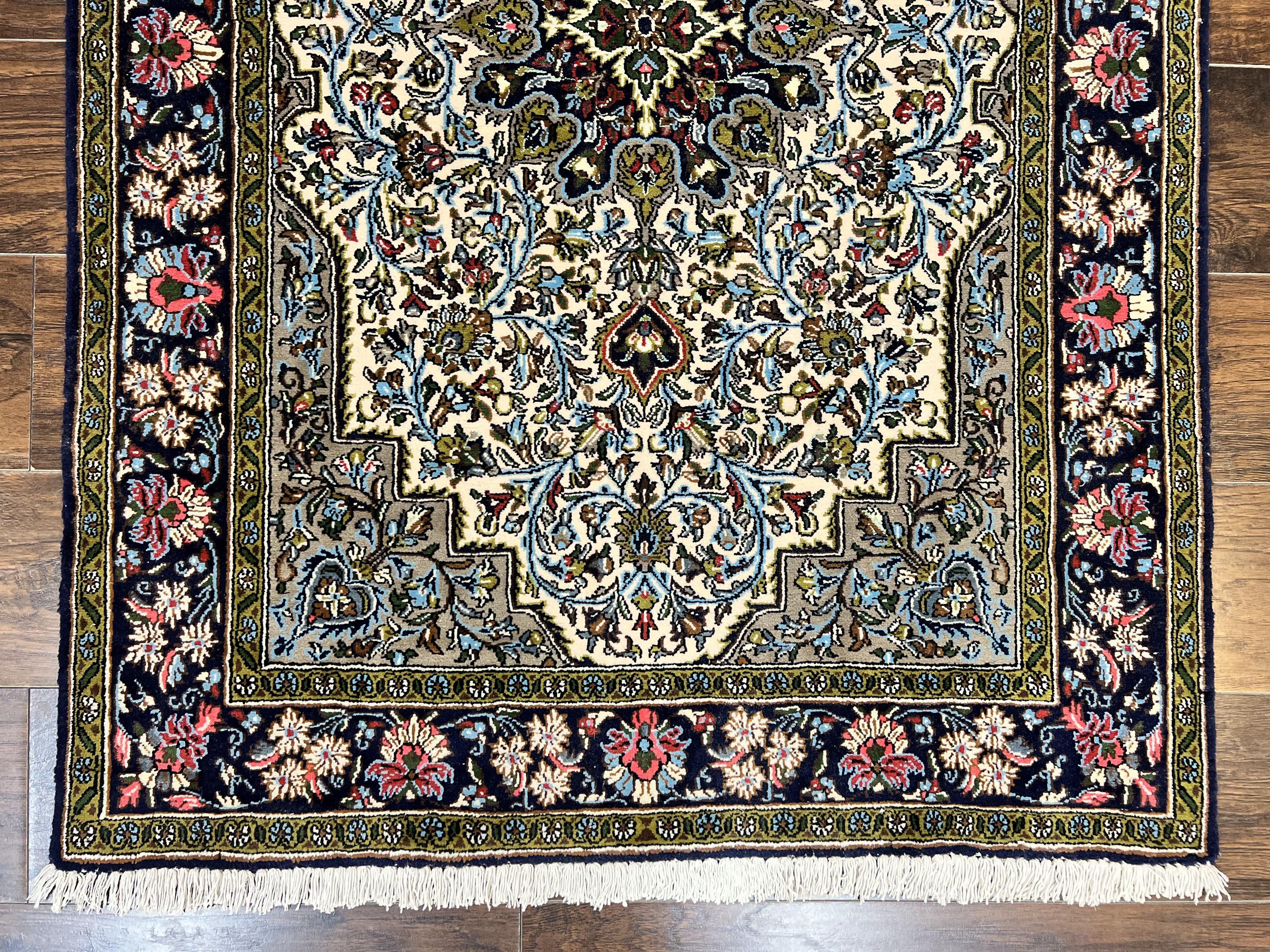 Persian Qum Rug 3x5, Wool with Silk Highlights, Handmade Semi Antique Carpet, Ivory & Navy Blue, Floral Medallion, Finely Hand Knotted