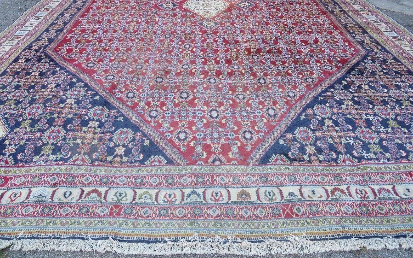 Oversized Persian Shiraz Tribal Rug 13x19, Palace Sized Oriental Carpet, Handmade Hand-Knotted X Large Rug, Red Blue Cream, Allover Herati Pattern