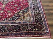 Traditional Persian Rug 8x11, Red Navy Blue, Floral Medallion, Antique Persian Mashad Carpet, Wool