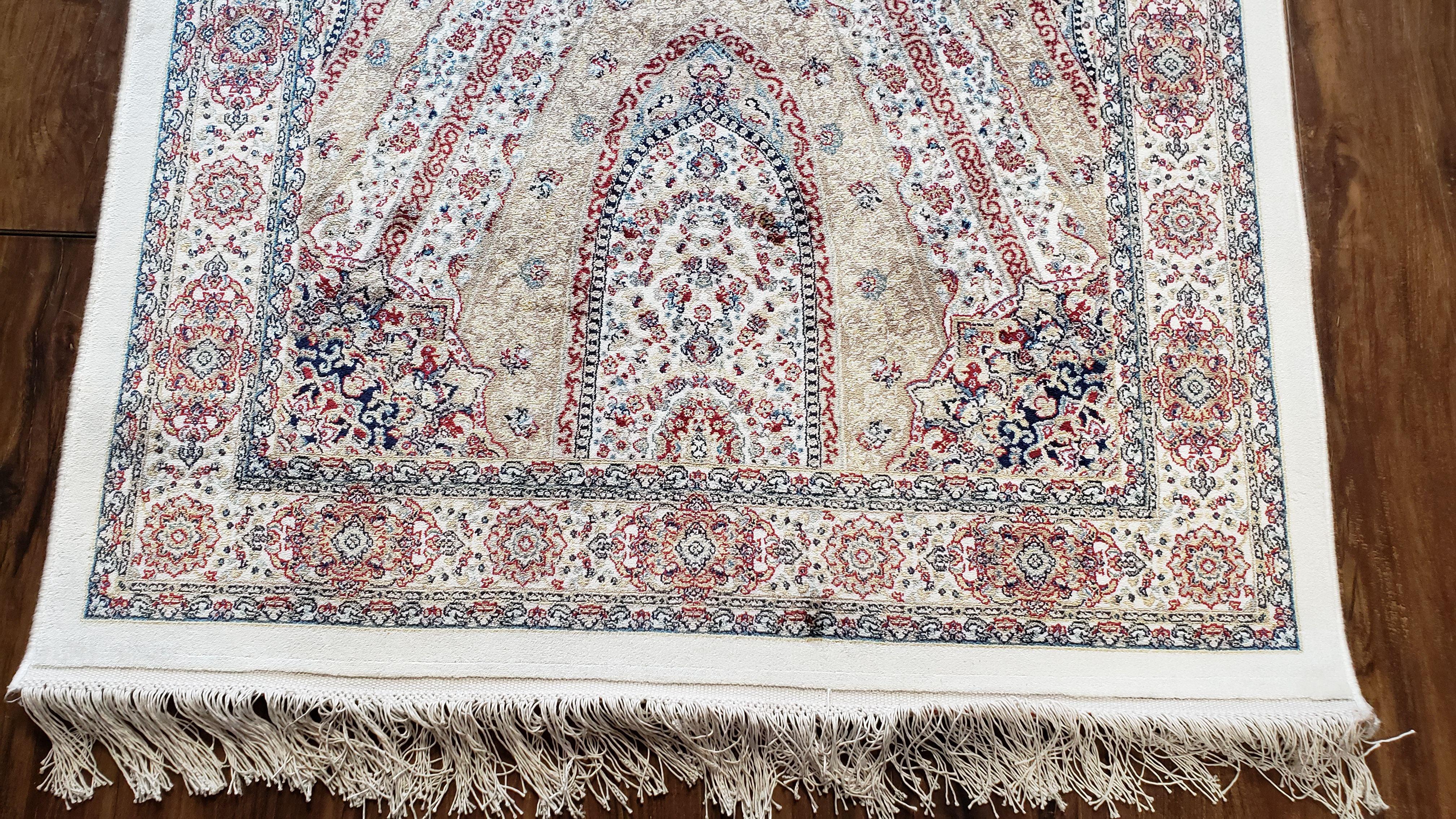 Beige & Cream Small Turkish Silk Rug, Bamboo Silk, Power-Loomed, Persian Design, High Quality, Soft Accent Rug, 3x5 ft, 2' 8" x 4' 11"