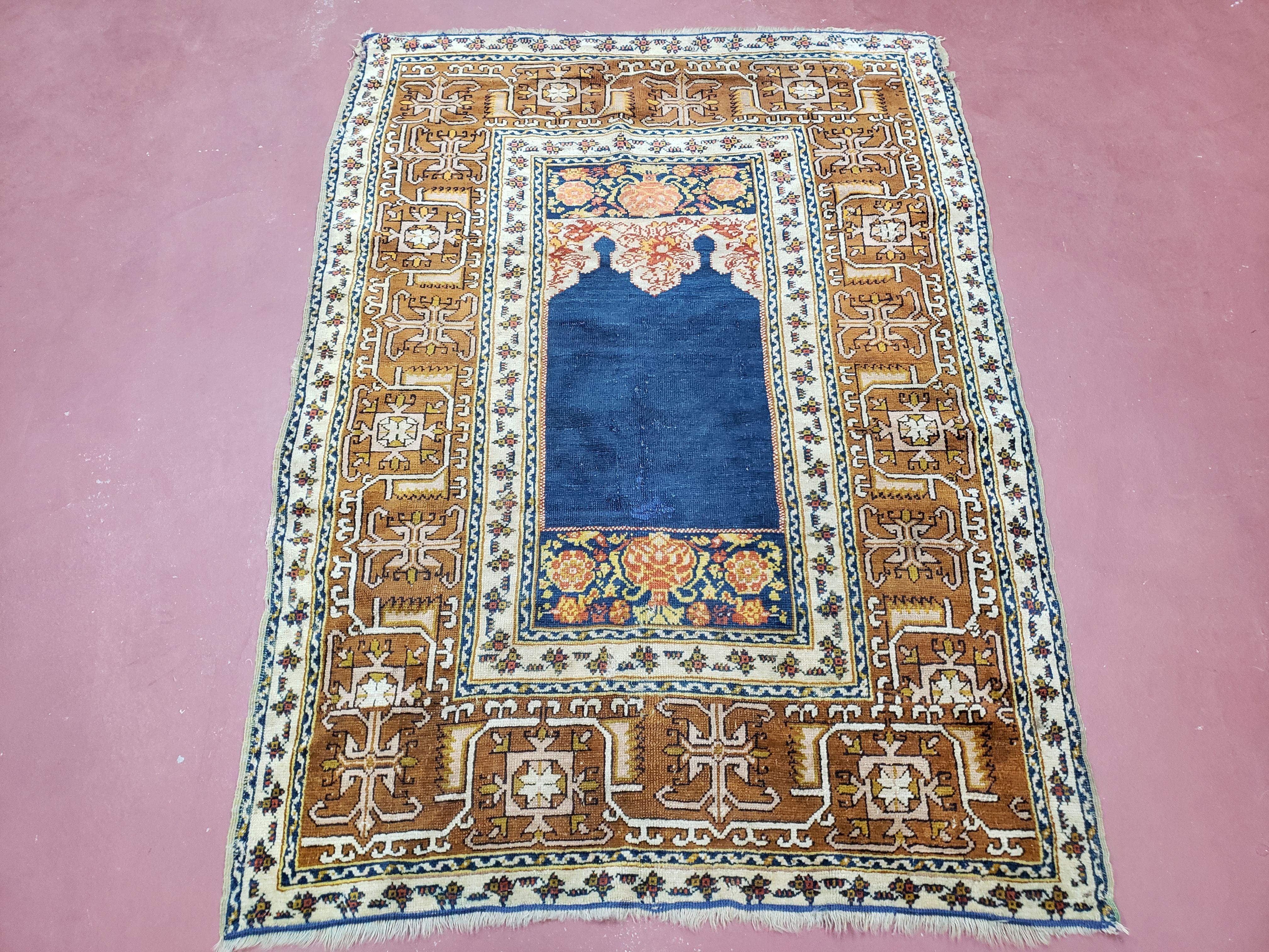 Antique Turkish Anatolian Ghiordes Prayer Rug, Twin Mihrabs, Rare Collectible Oriental Rug, Early 20th Century Prayer Rug, 3'9" x 5'2"