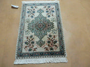 1' 9" X 2' 5" Handmade Indian Wool Rug Lahore Floral Design Small Oriental Rug Beige & Teal