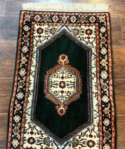 Small Indo Persian Dark Green Rug 2x3, Geometric Semi Open Field