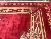 Palace Size Chinese Wool Rug 12x18, Red Art Deco Chinese Carving Carpet, Butterflies Flowers