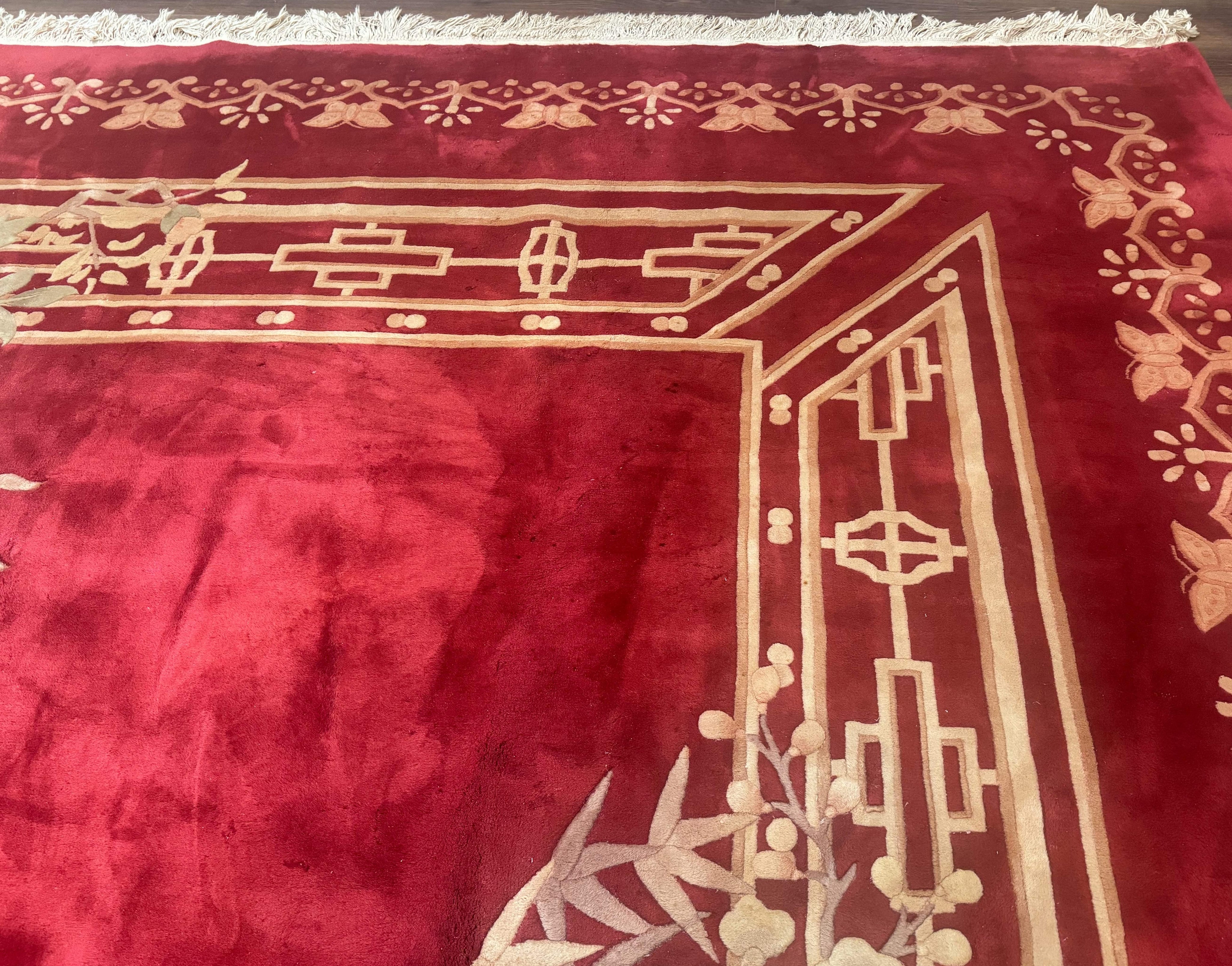Palace Size Chinese Wool Rug 12x18, Red Art Deco Chinese Carving Carpet, Butterflies Flowers