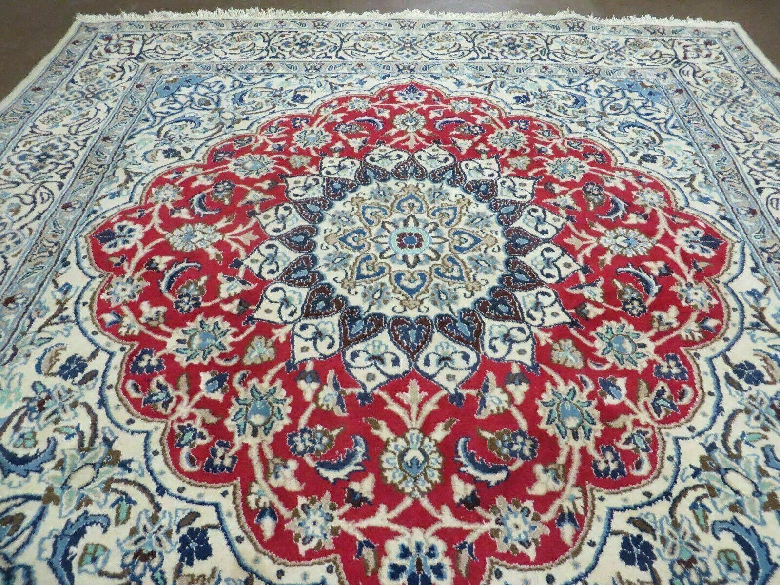 Square Persian Nain Rug 6'3" x 6' 8", Hand-Knotted, Wool with Silk Accents, Ivory Red Blue