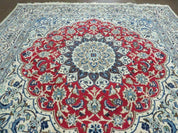 Square Persian Nain Rug 6'3" x 6' 8", Hand-Knotted, Wool with Silk Accents, Ivory Red Blue