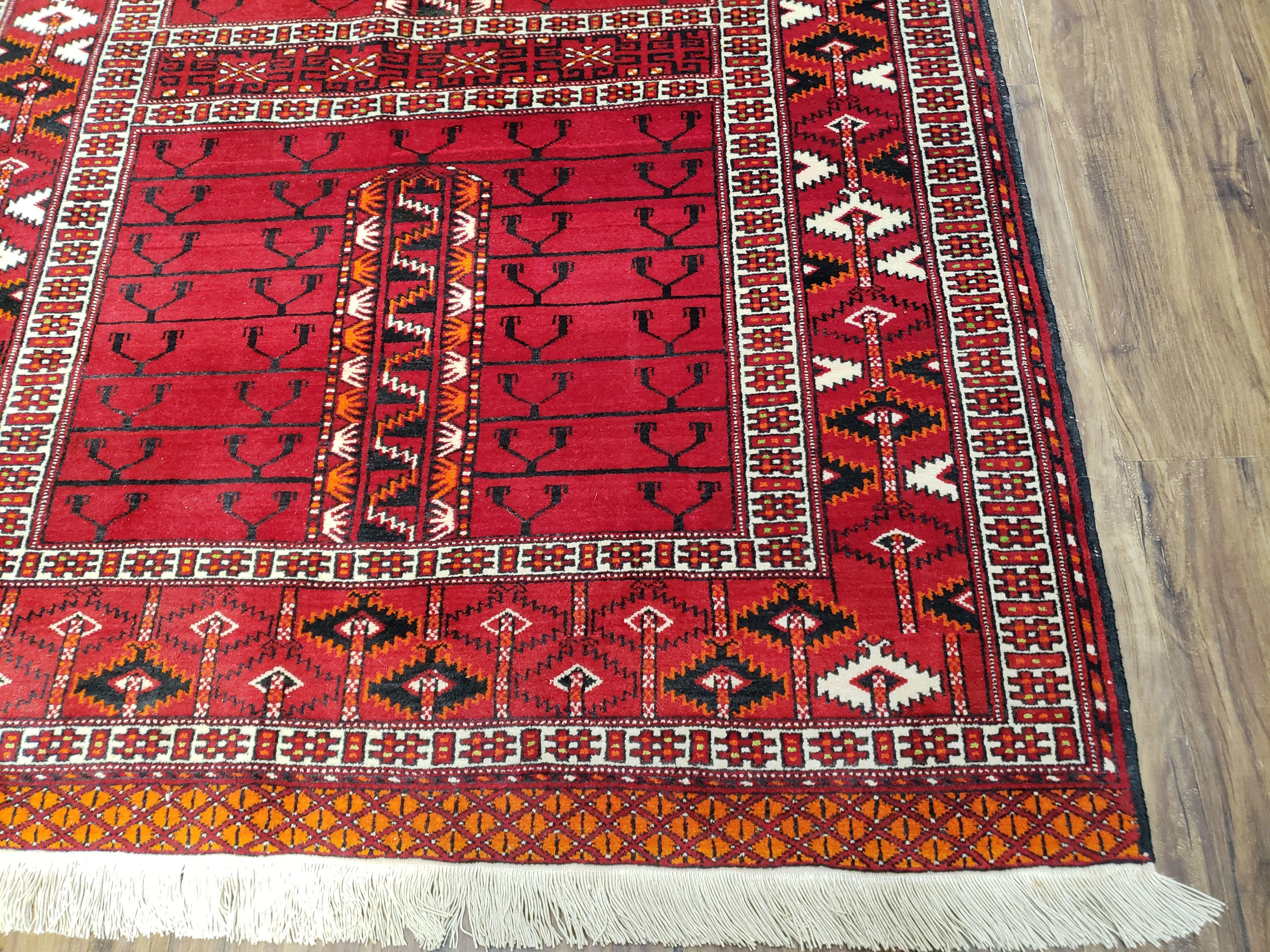 Antique Persian Turkoman Rug 4x5, Hatchli Tekkeh Ersari Red Tribal Rug, Handmade Wool Oriental Carpet, Four Seasons Rug