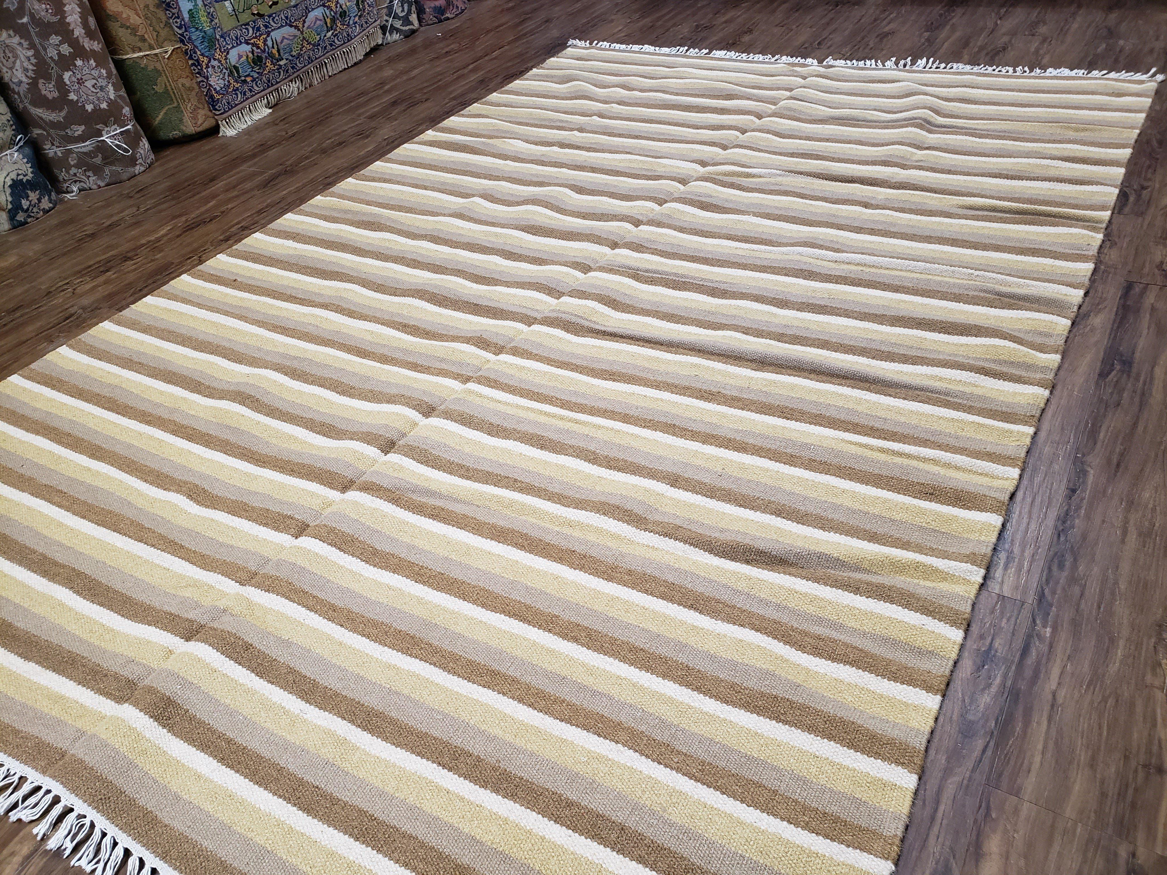 Indian Striped Blanket 6x9, Large Indo Kilim Area Rug, Earthern Tones Woolen Hand-Woven Flatweave South American Style Queen Size Bedspread