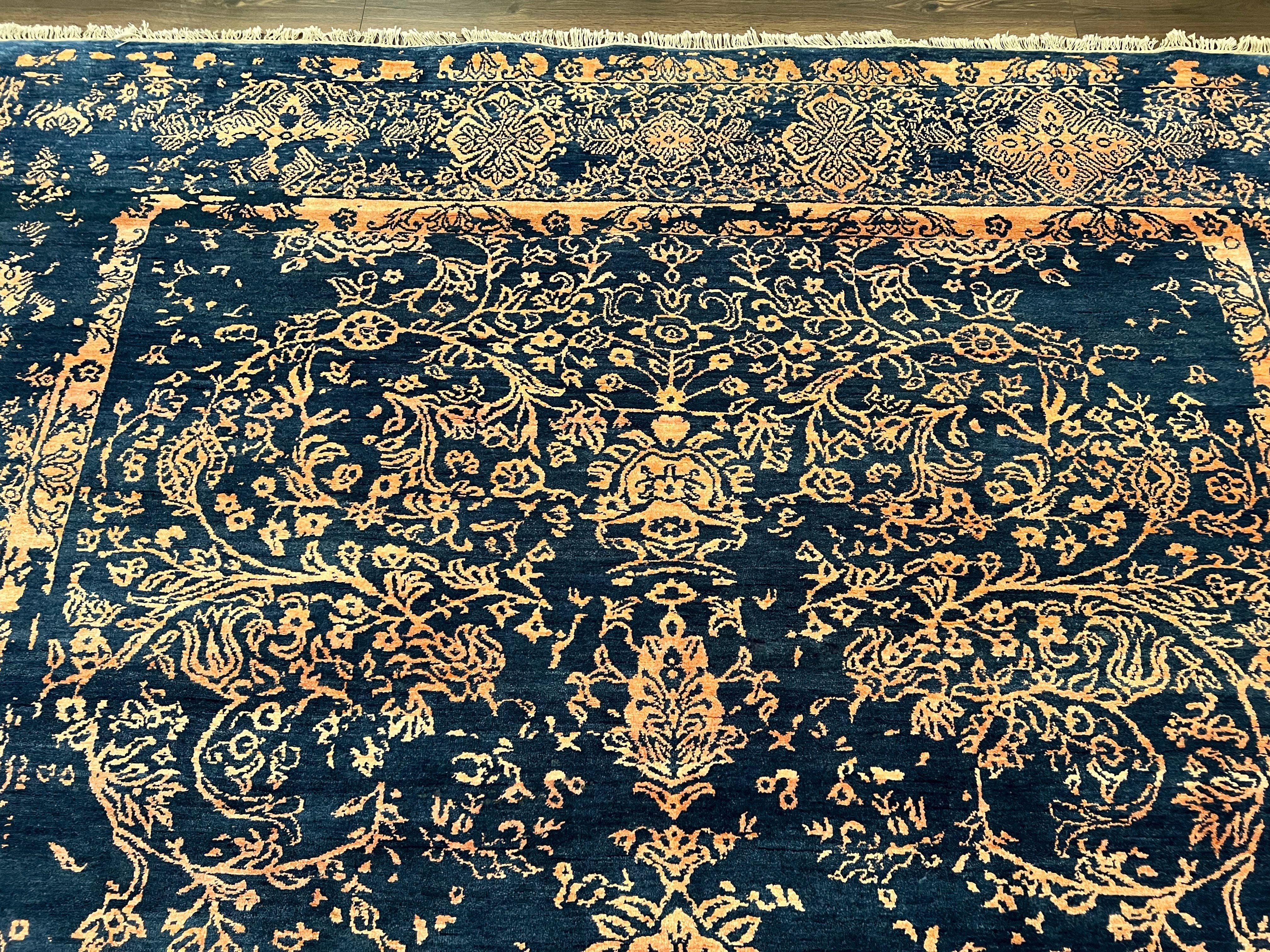 Area Rug 8x10 High Quality Handmade Oriental Carpet, Modern Contemporary Rug, Rug for Living Room, Wool Rug, Blue and Gold, Pakistani Rug