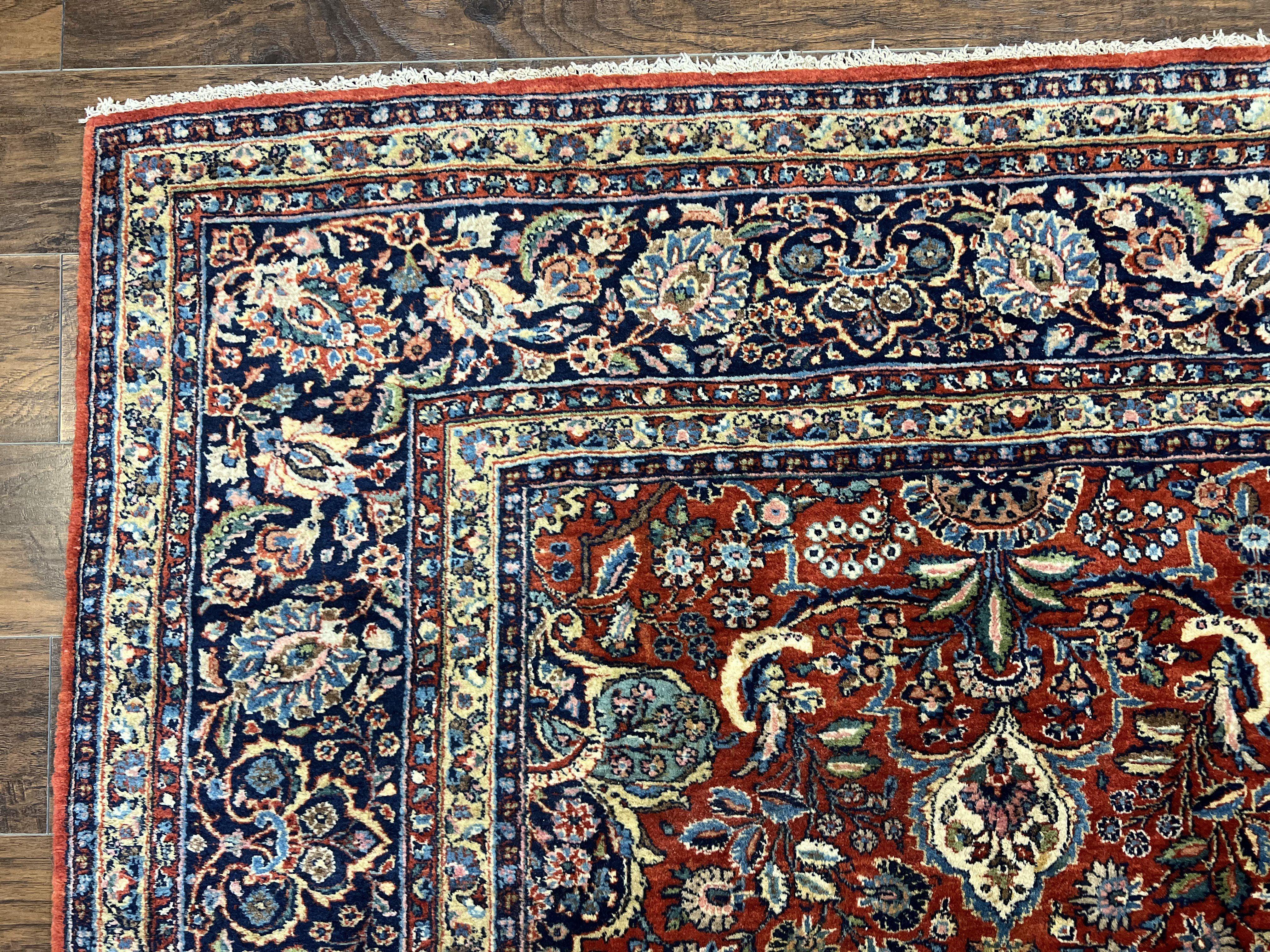 Persian Sarouk Rug 9x12, Red and Dark Blue Floral Allover Antique Persian Carpet, Handmade Wool Qazvin Rug