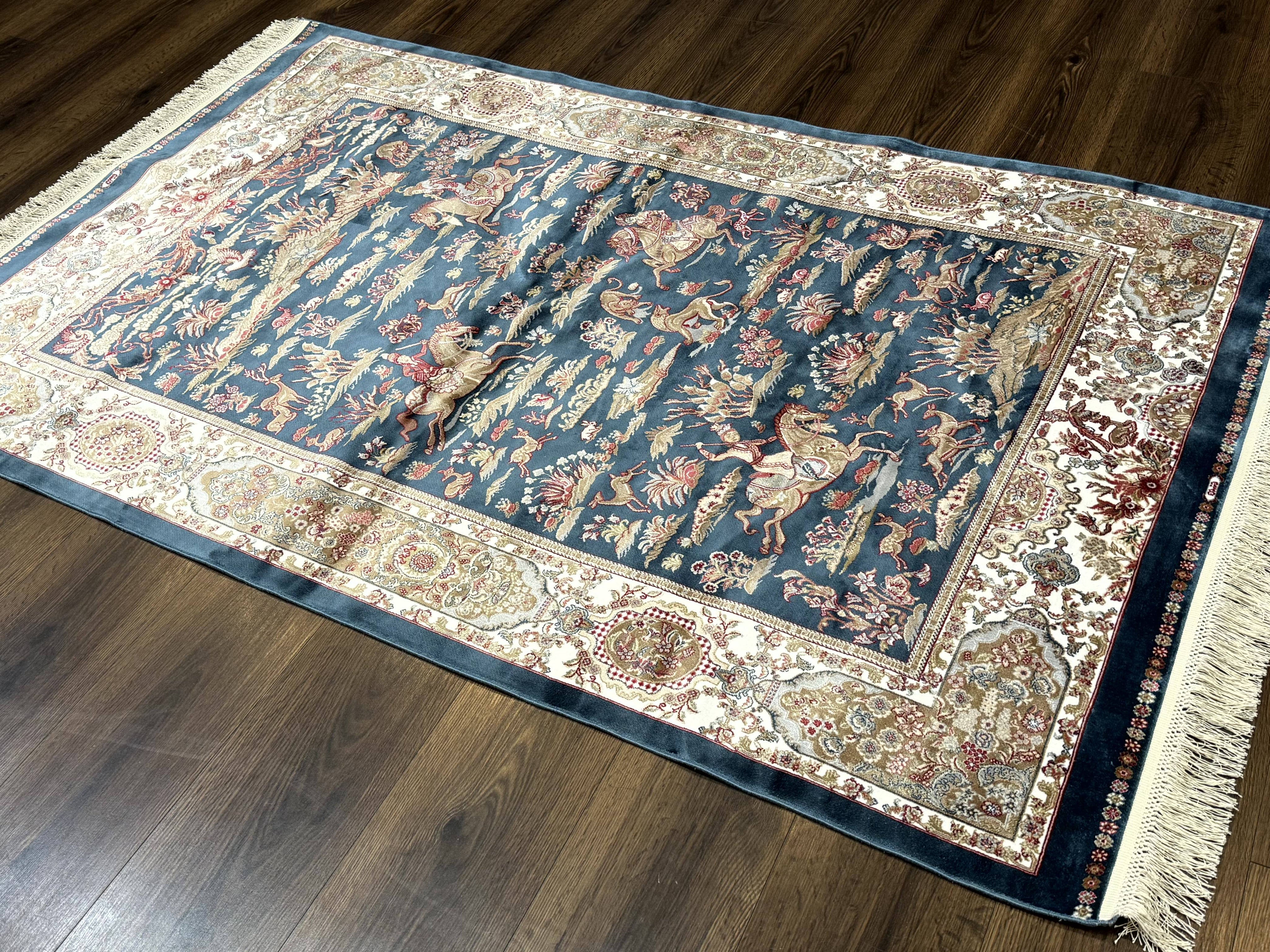 Turkish Silk Hunting Design Rug 4x6, Dark Steel Blue & Ivory, Bamboo Silk, New