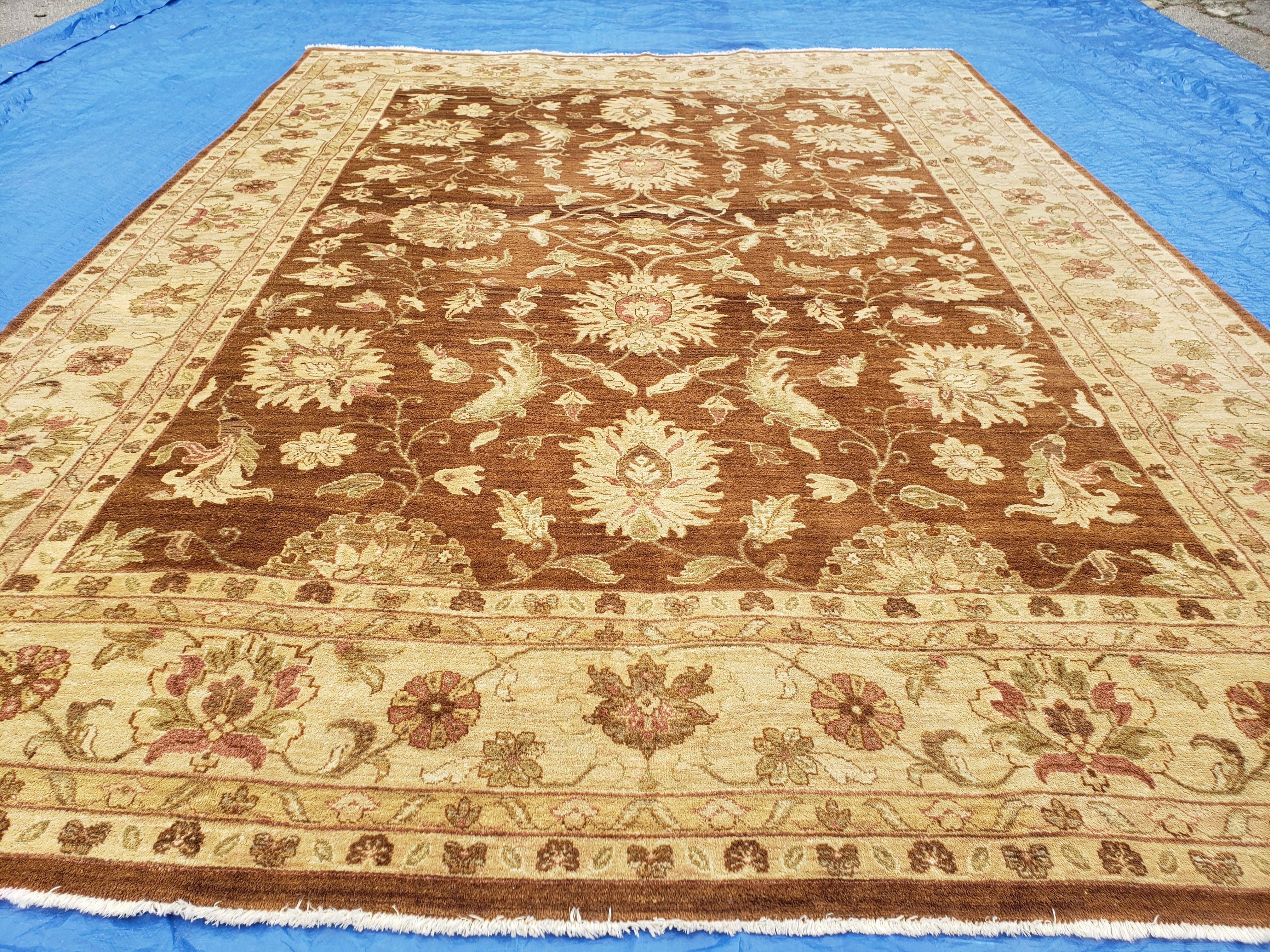 Indo Persian Rug 10x14, Mahal Sultanabad Oriental Carpet, Burnt Orange & Beige, Handmade Wool Area Rug