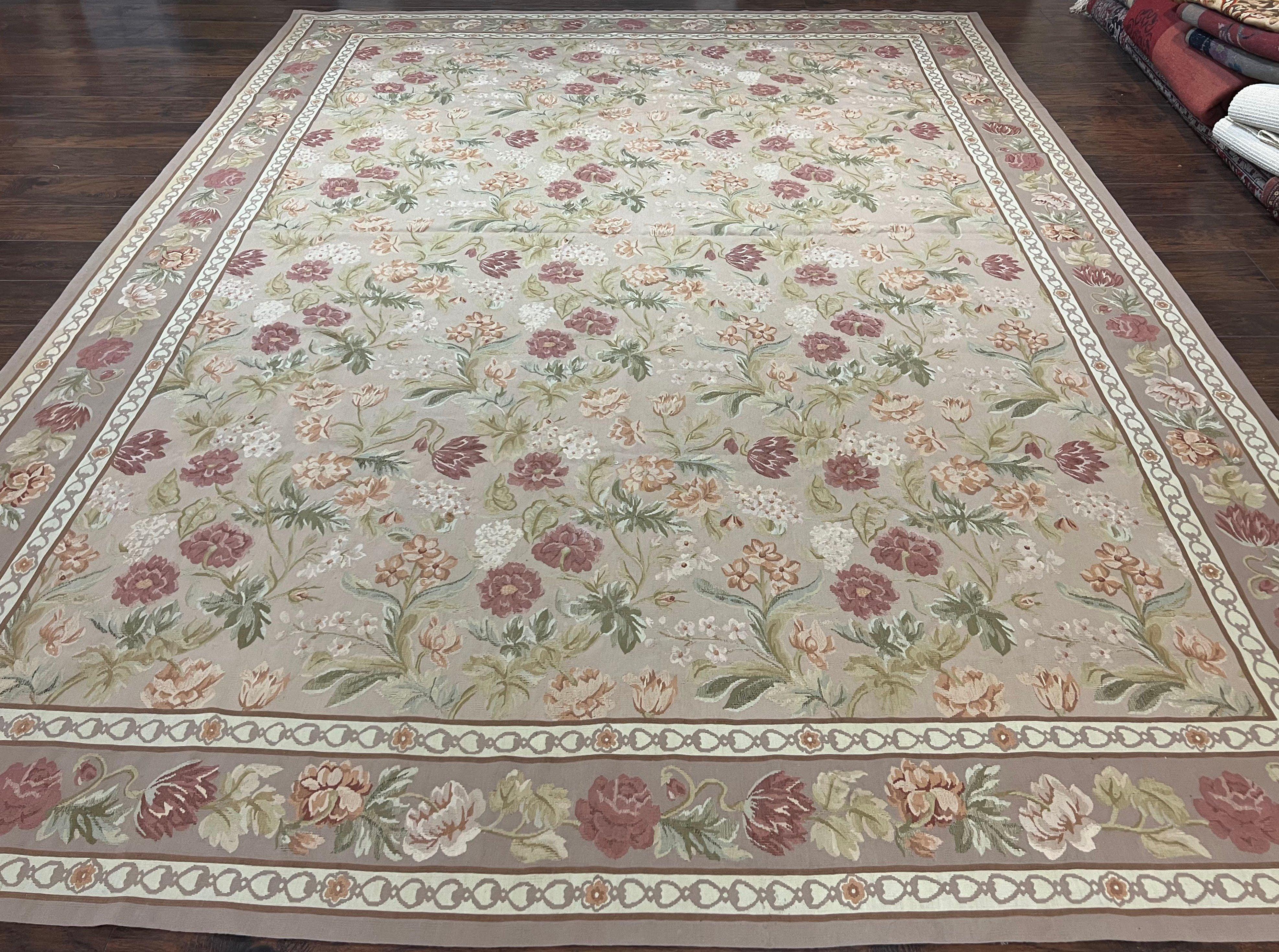 Aubusson Rug 9x12, Pink Beige Light Mauve, Handmade Allover Floral Roses, Wool Flatweave Carpet 9 x 12 ft, European French Design, Elegant