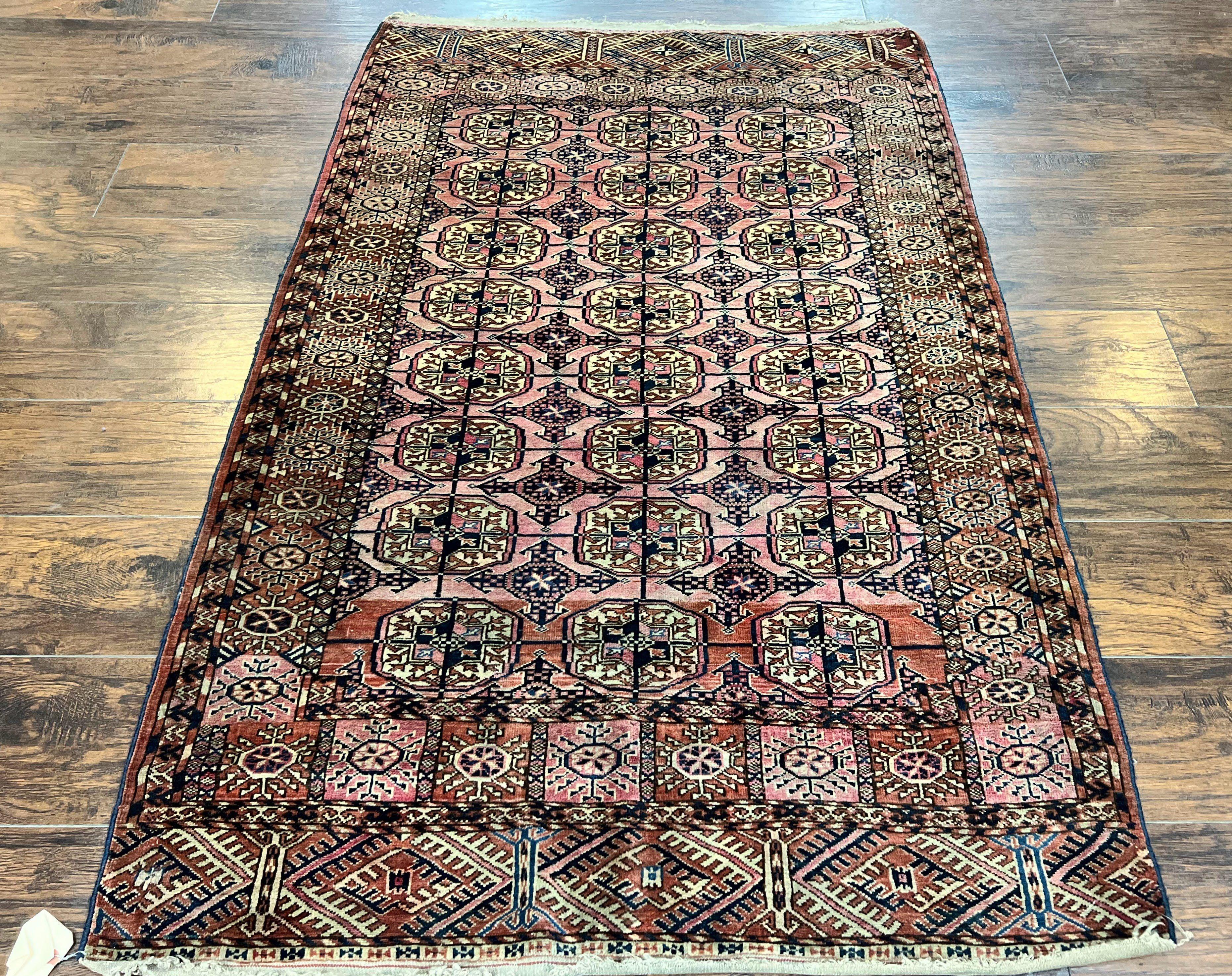 Persian Turkoman Rug 4x6, Wool Hand Knotted Antique Bokhara Carpet, Red Pink, Handmade Tribal Oriental Rug 4 x 6 ft