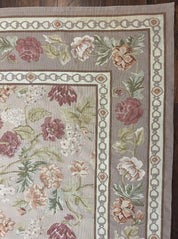 Aubusson Rug 9x12, Pink Beige Light Mauve, Handmade Allover Floral Roses, Wool Flatweave Carpet 9 x 12 ft, European French Design, Elegant