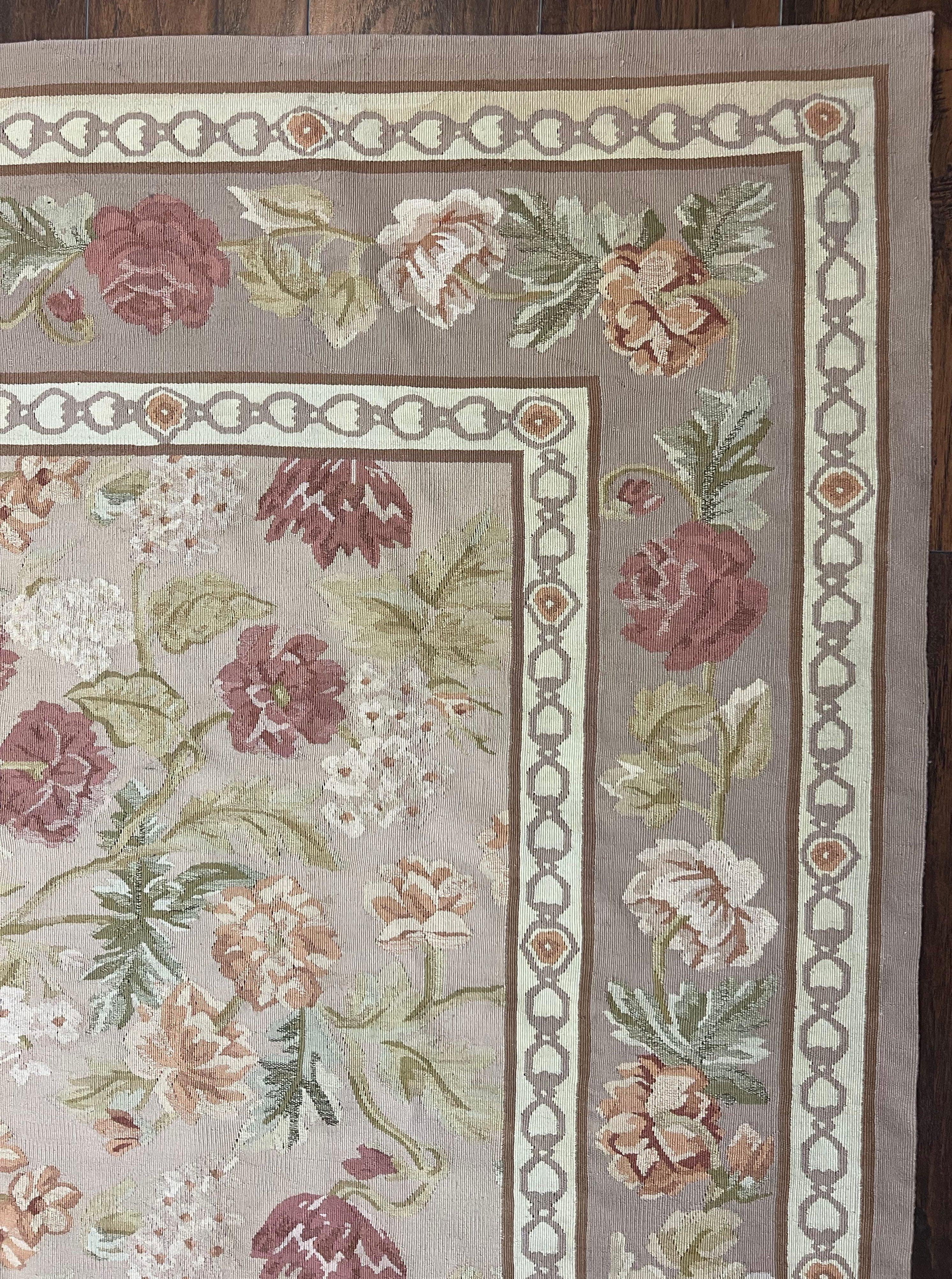 Aubusson Rug 9x12, Pink Beige Light Mauve, Handmade Allover Floral Roses, Wool Flatweave Carpet 9 x 12 ft, European French Design, Elegant