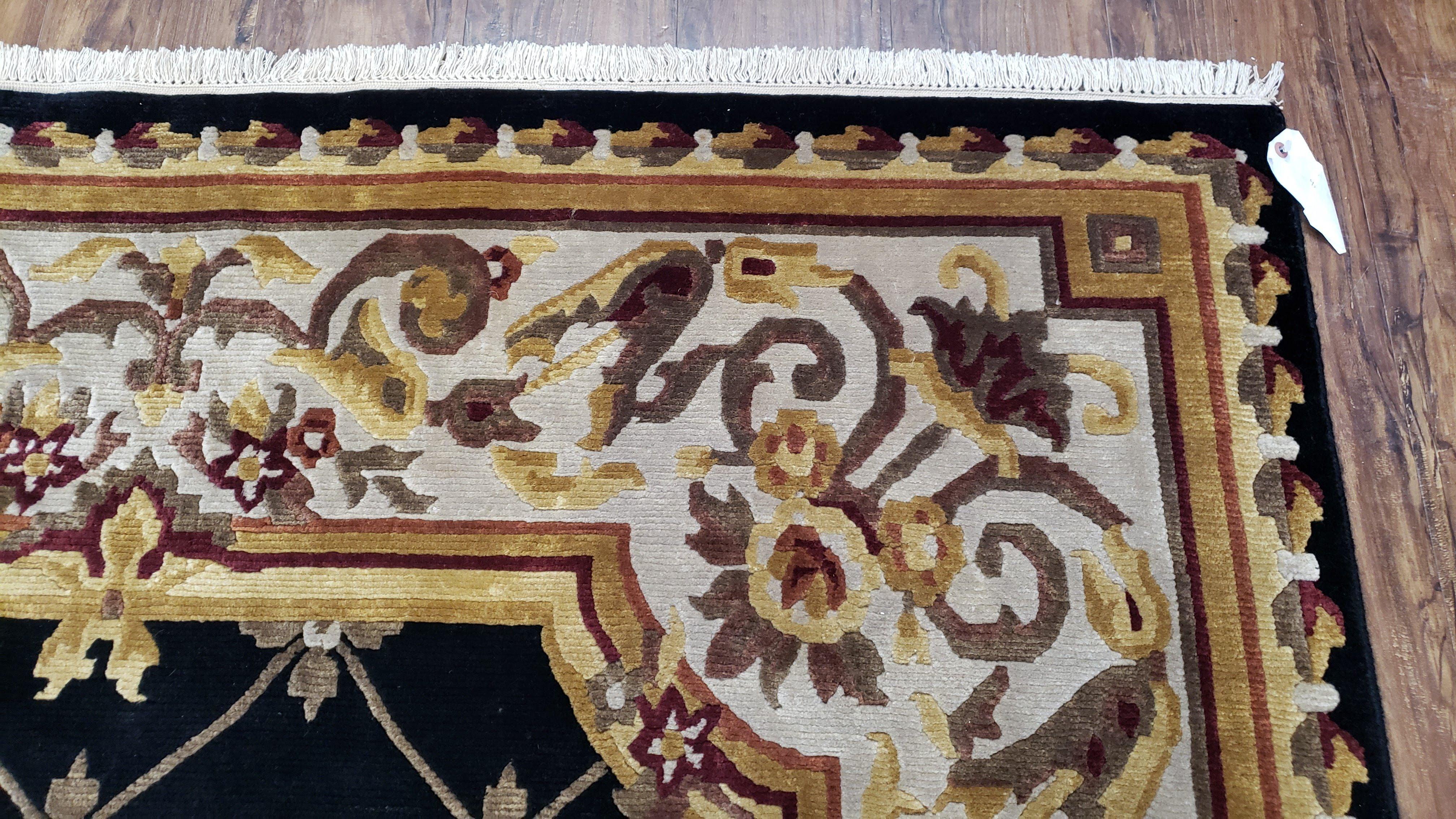 6x9 Nepalese Rug, Aubusson Savonnerie Area Rug 6 x 9 with Soft Pile, Hand-Knotted Wool Black & Beige Tibetan New Carpet European Design