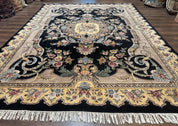 Aubusson Rug 9x12, Black and Beige, Floral, Elegant Handmade French European Design Carpet