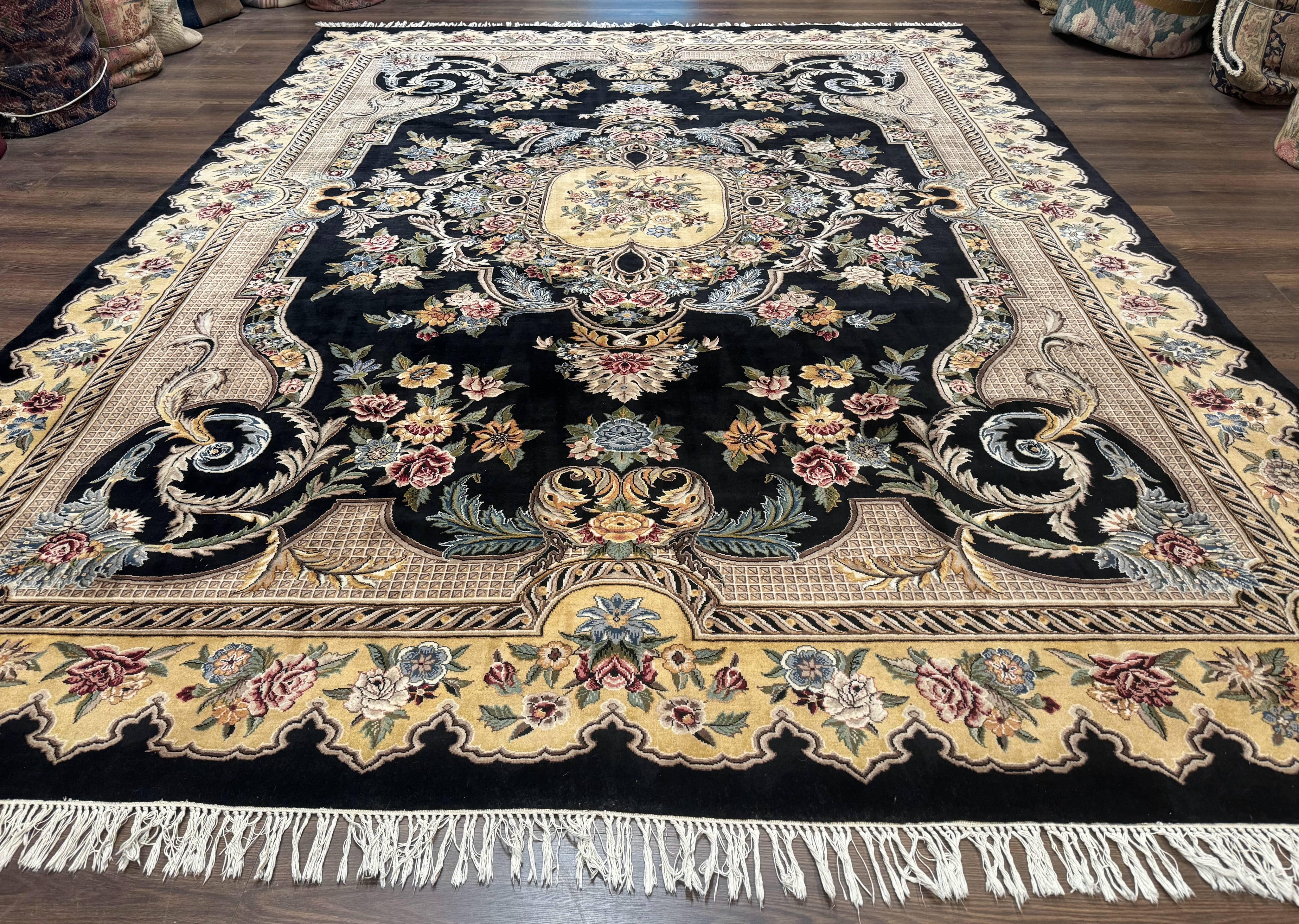 Aubusson Rug 9x12, Black and Beige, Floral, Elegant Handmade French European Design Carpet