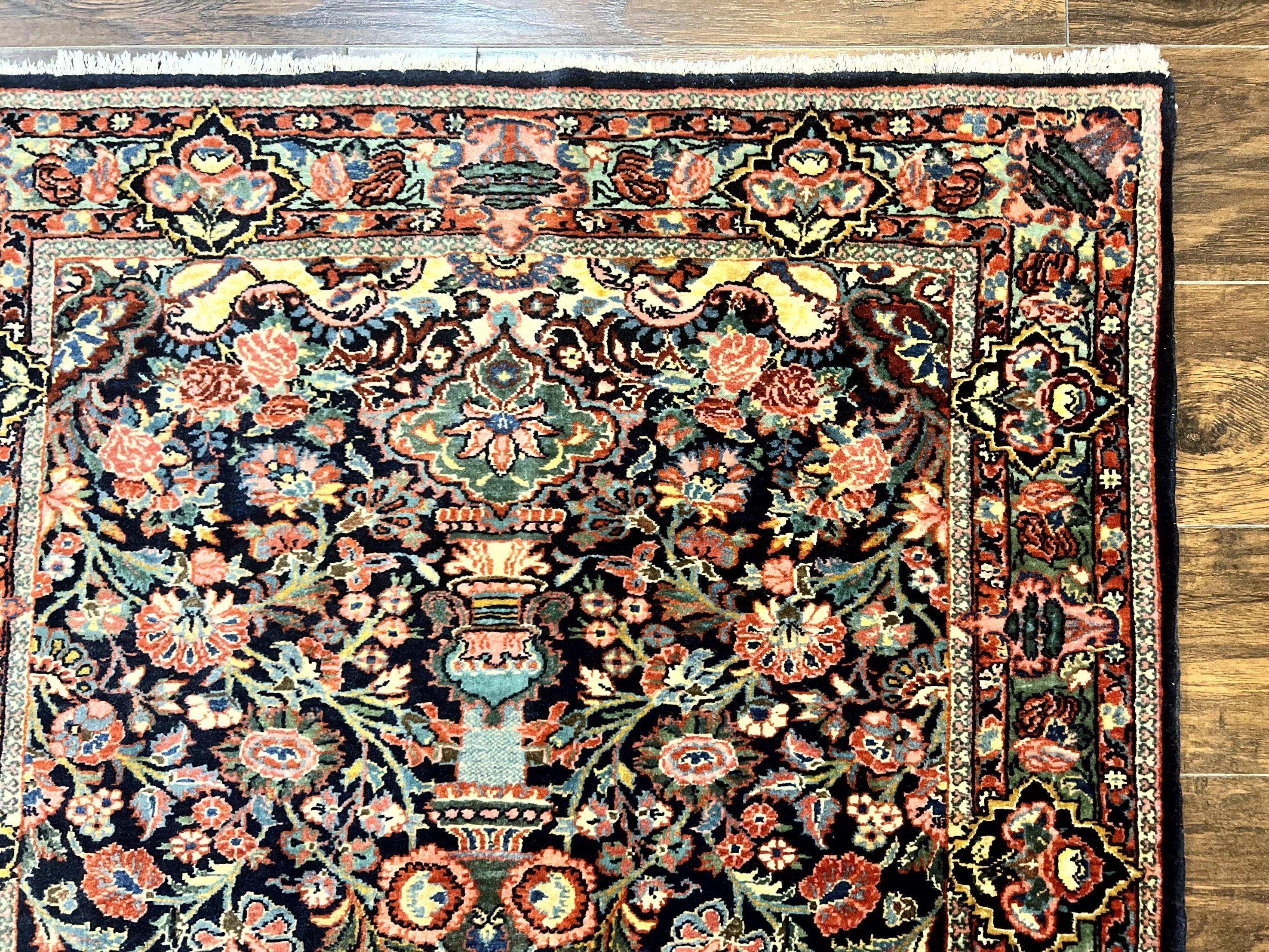 Persian Saoruk Rug 4x5, Navy Blue and Red, Floral, Antique Persian Wool Carpet, Handmade