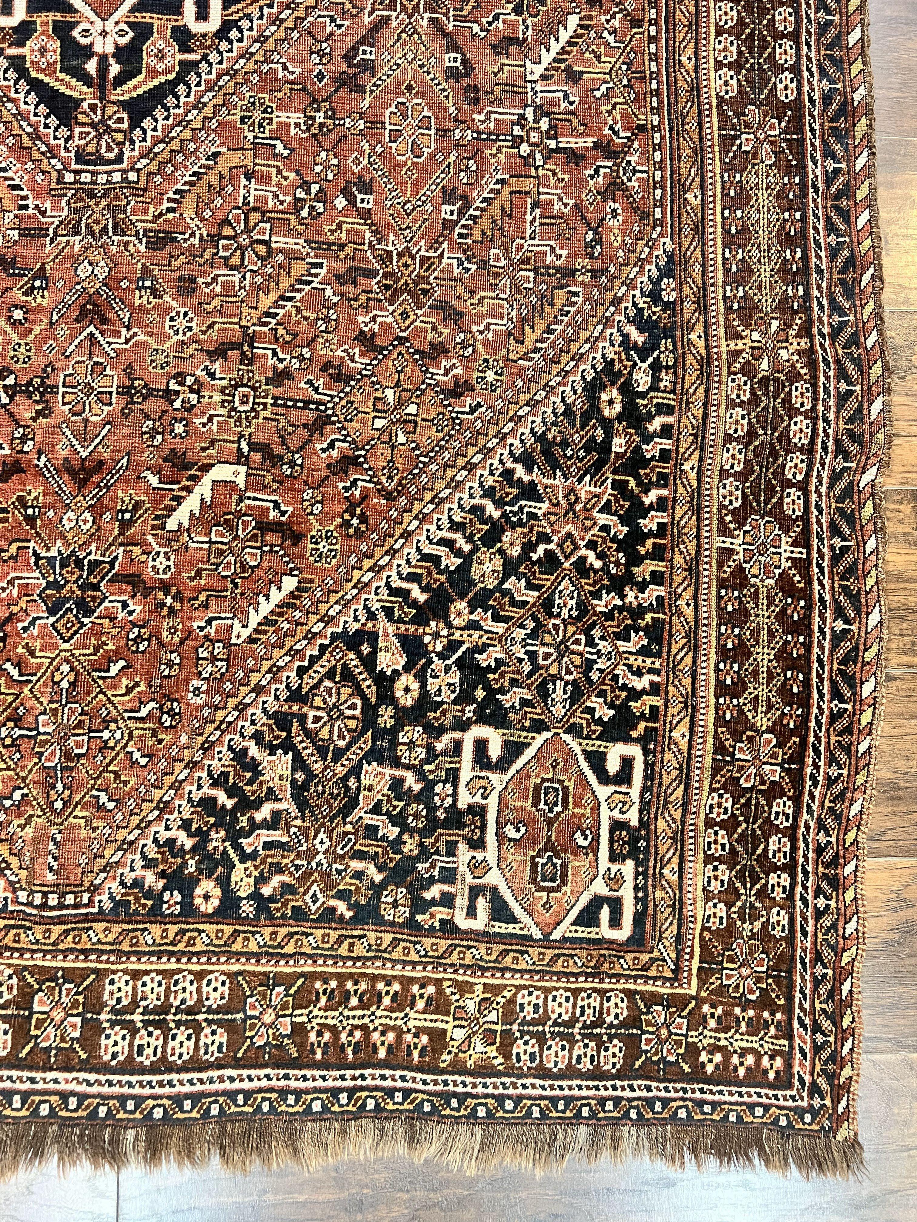 Antique Persian Shiraz Tribal Rug 6x8, Geometric Rug, Wool Handmade Hand Knotted Carpet, Red Blue