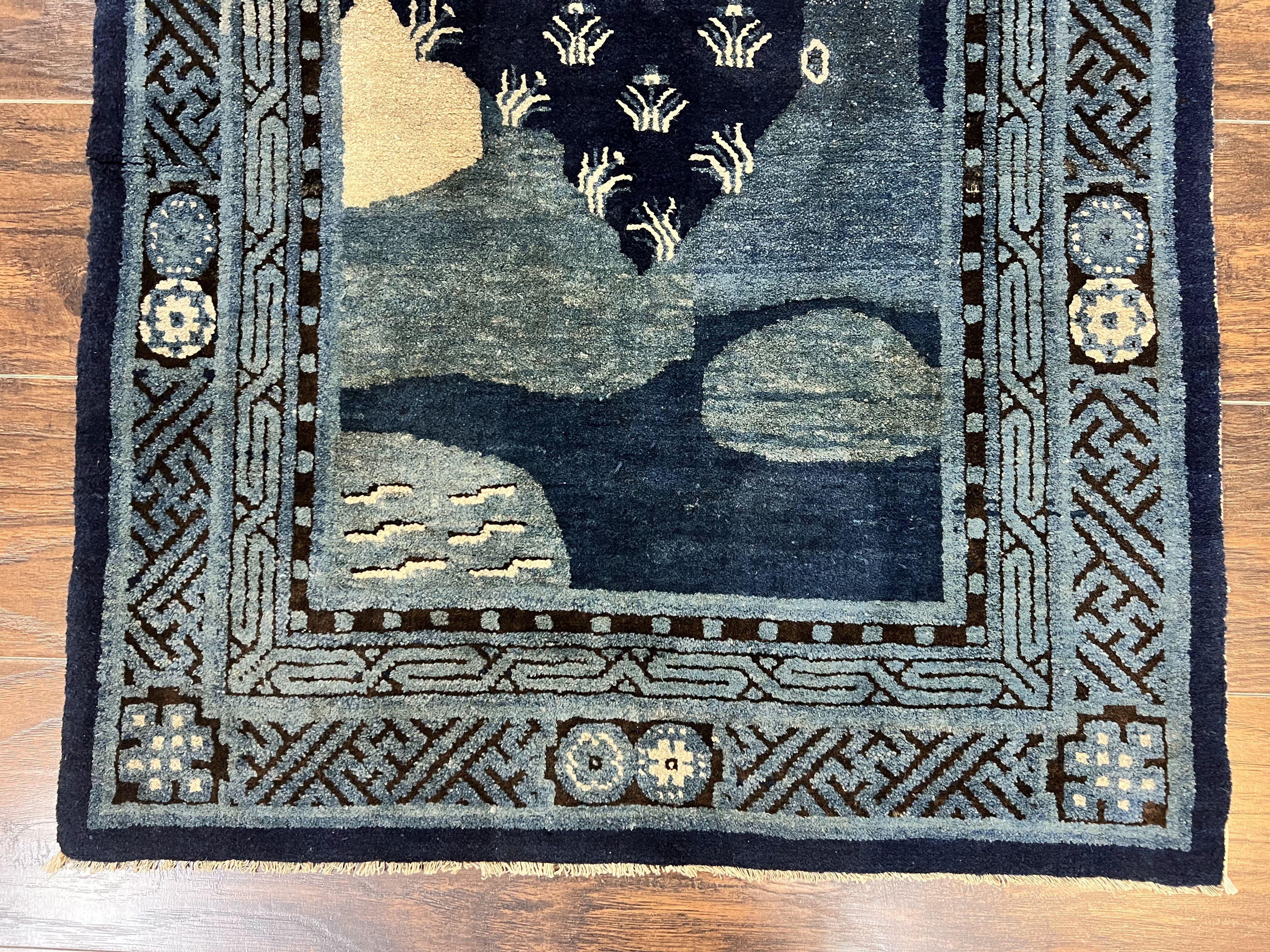 Antique Chinese Peking Rug 3x5, Dark Blue Chinese Wool Rug 3 x 5, Animal Pictorials Deer Birds, Handmade Asian Oriental Chinese Carpet