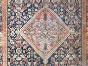 Antique Persian Mahal Area Rug 4.4 x 6.6, Wool Hand-Knotted Shabby Chic Oriental Rug, Red Black 1930s Foyer Room Carpet, Low Pile Boho Rug