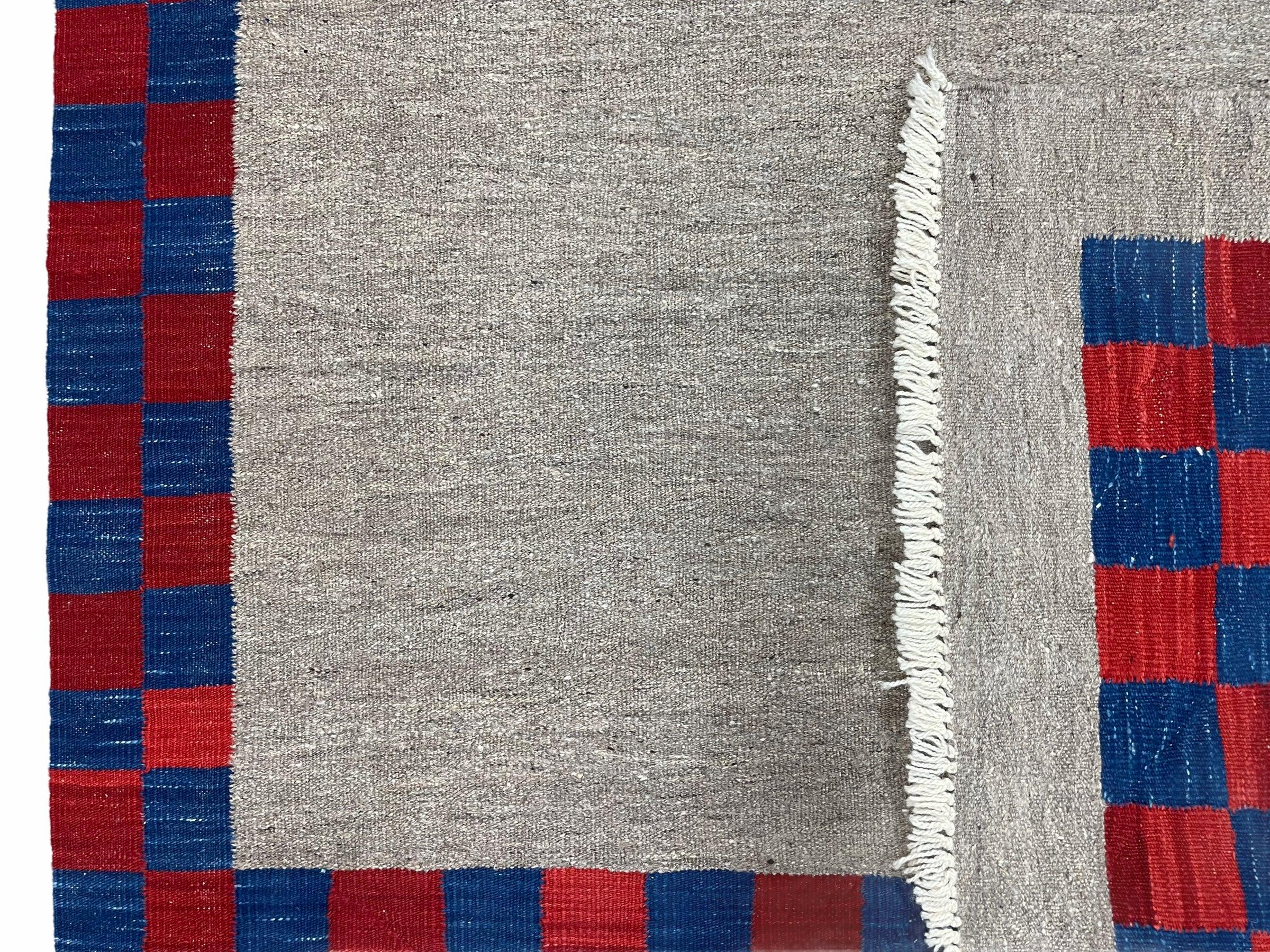 5' 7" x 7' 9" Geometric Kilim Carpet, Gray, Handmade, Hand-Knotted Area Rug, Blue & Red, Flatweave, Wool, New, Checkerboard Pattern