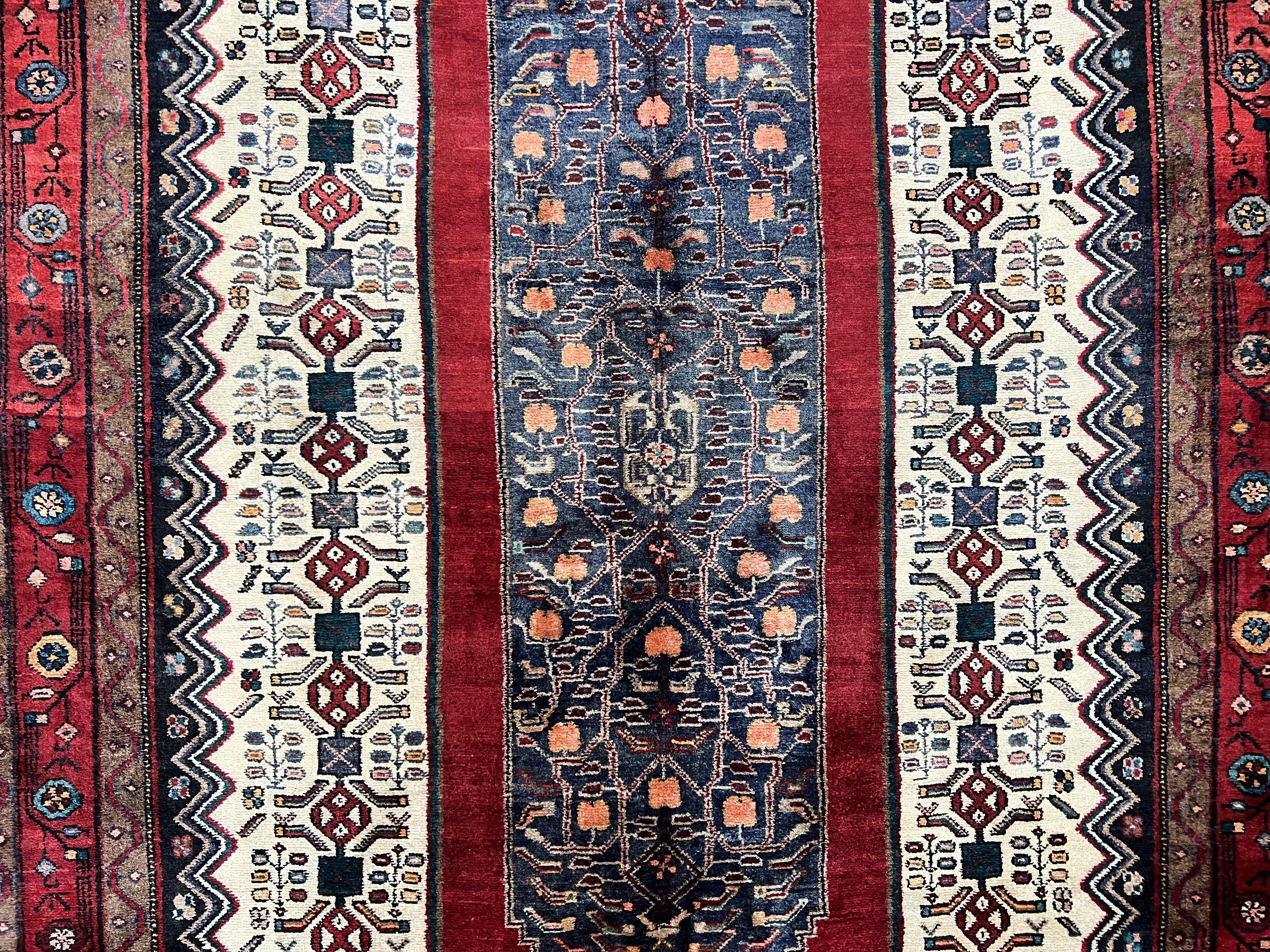 Persian Rug 5x12 ft, Red Cream Navy Blue, Pictorials, Hand Knotted Handmade Wide Runner Tribal Bidjar Semi Antique Wool Geometric Oriental Rug