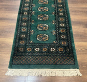Pakistani Bokhara Runner Rug 2.5 x 11, Green Turkoman Wool Runner for Hallway