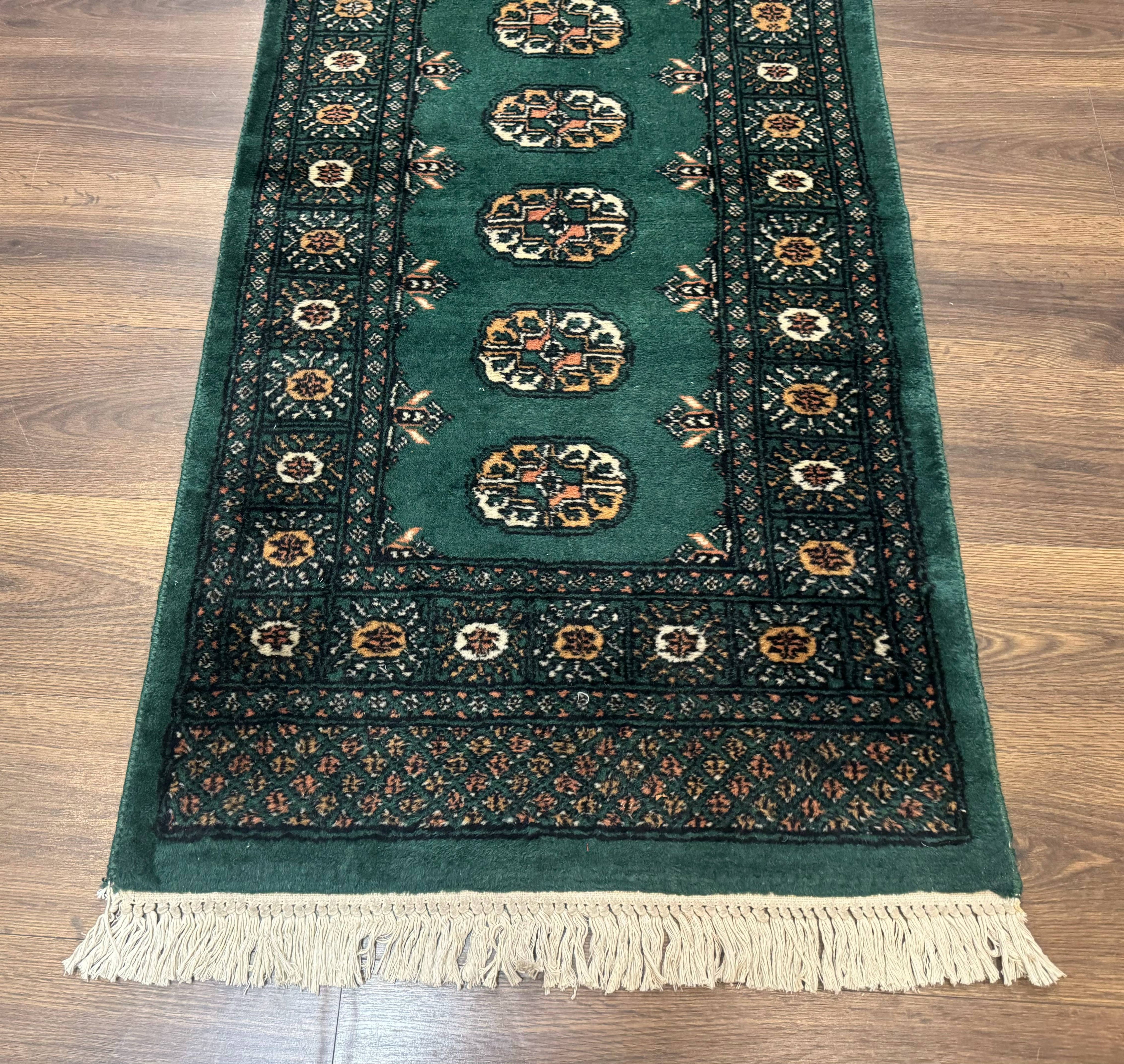 Pakistani Bokhara Runner Rug 2.5 x 11, Green Turkoman Wool Runner for Hallway
