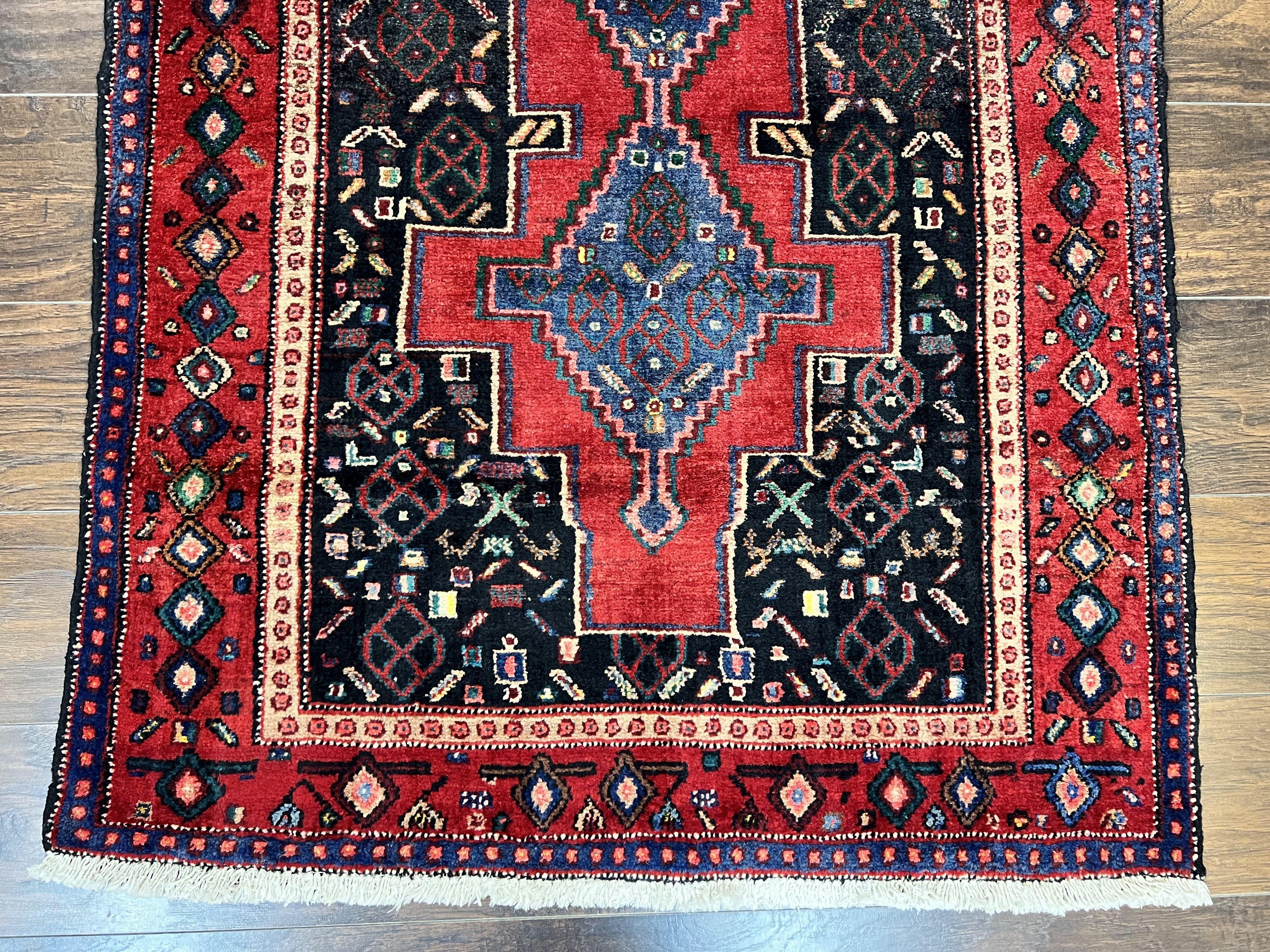 Persian Kurdish Senneh Runner Rug 3x9, Red Navy Blue, Medallions Wool Tribal Runner for Kitchen/Hallway 9ft Antique Handmade Oriental Runner