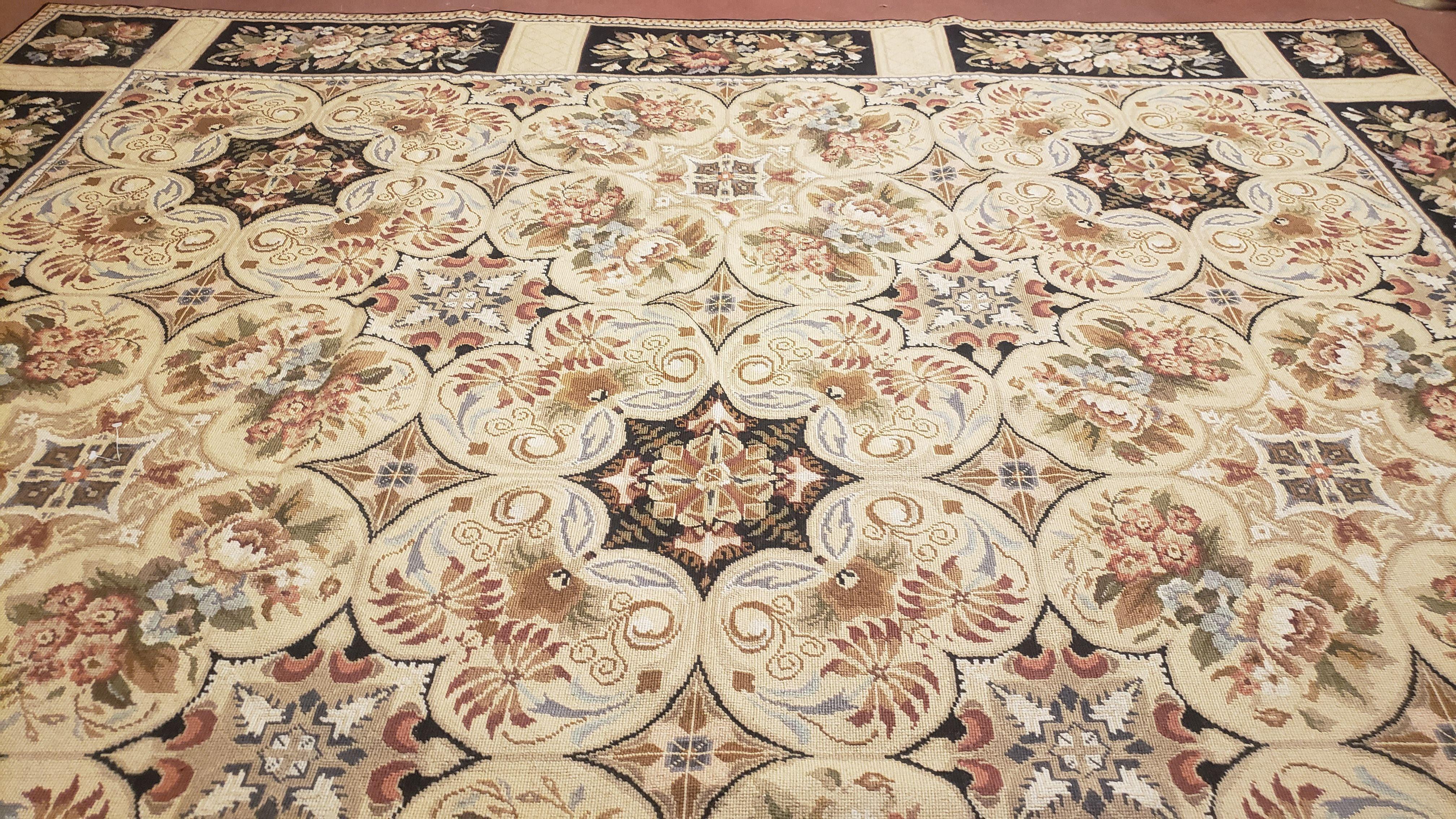 Needlepoint Rug 8x10ft Allover European Design Flowers 100% Wool Hand Knotted Aubusson Area Rug Brand New Flatweave Needle Point Carpet Chic