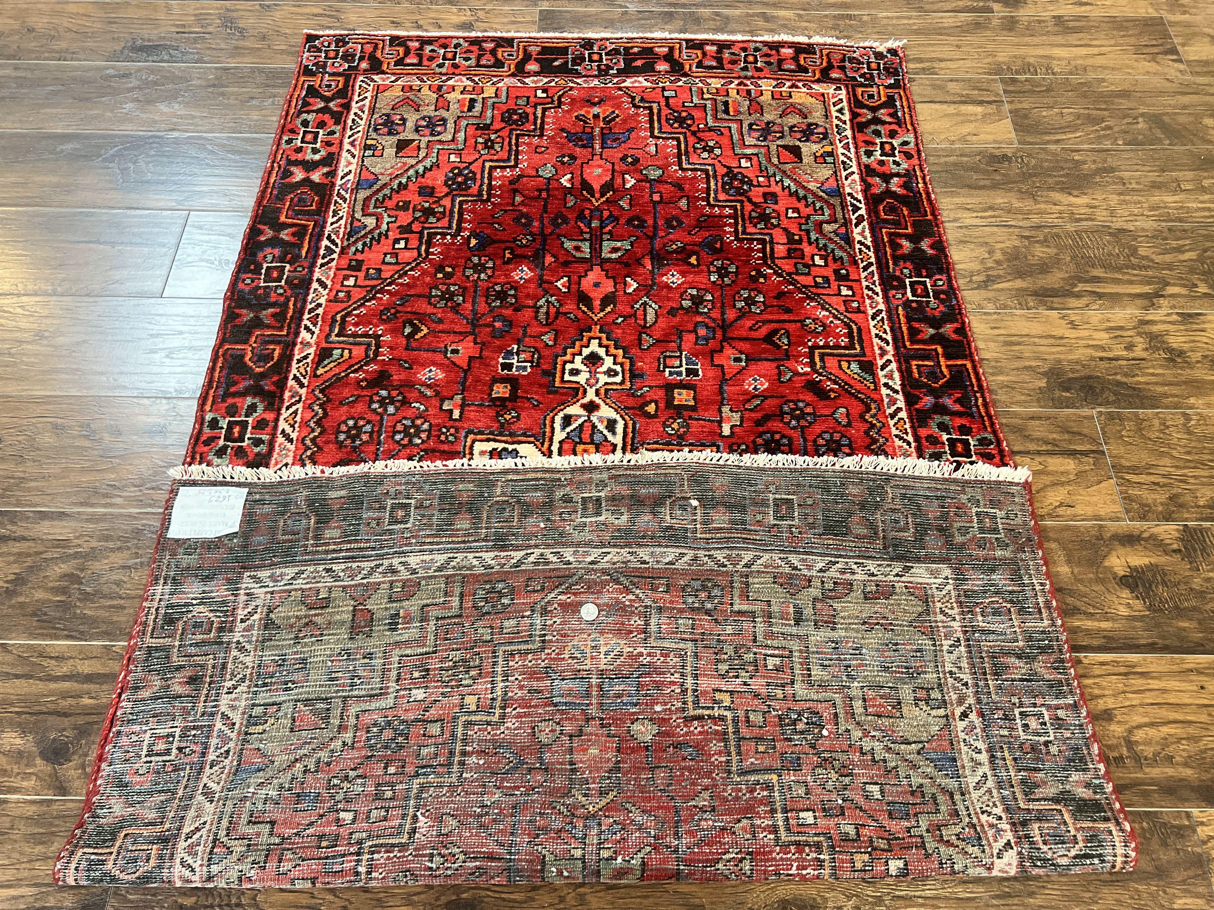 Antique Persian Tribal Rug 4x7, Red, Geometric Medallion, Handmade, Wool, Persian Zanjan Rug
