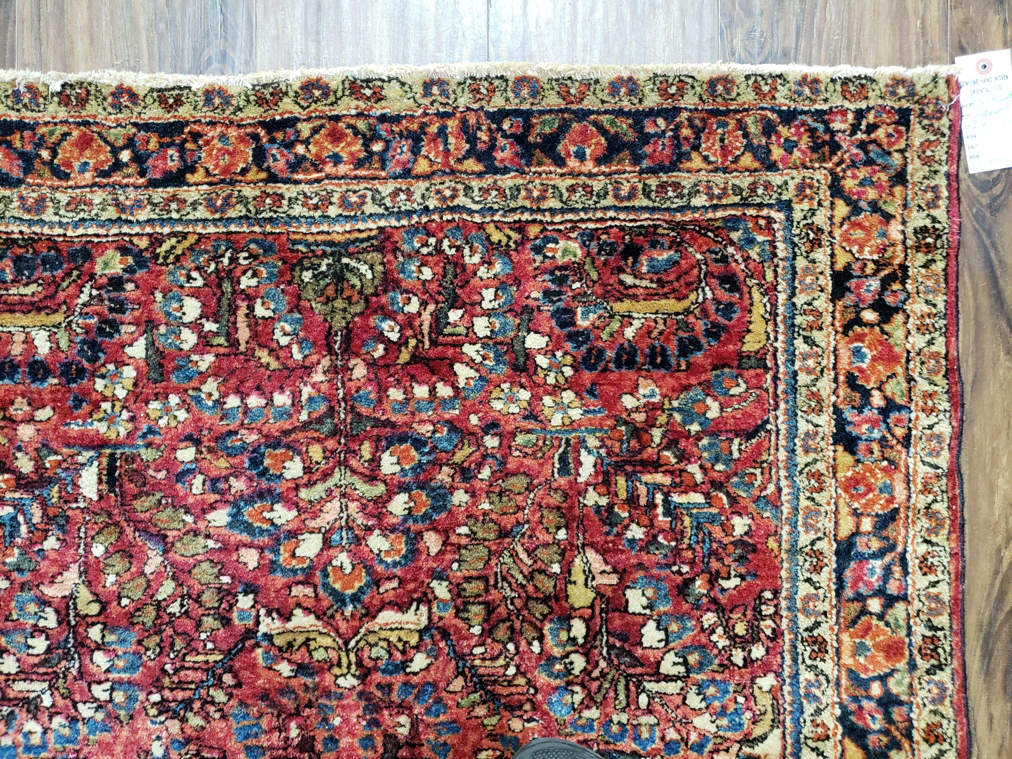 Antique Persian Sarouk Rug, Red, Allover Floral Pattern, Hand-Knotted, Wool, 3'4" x 4'10"
