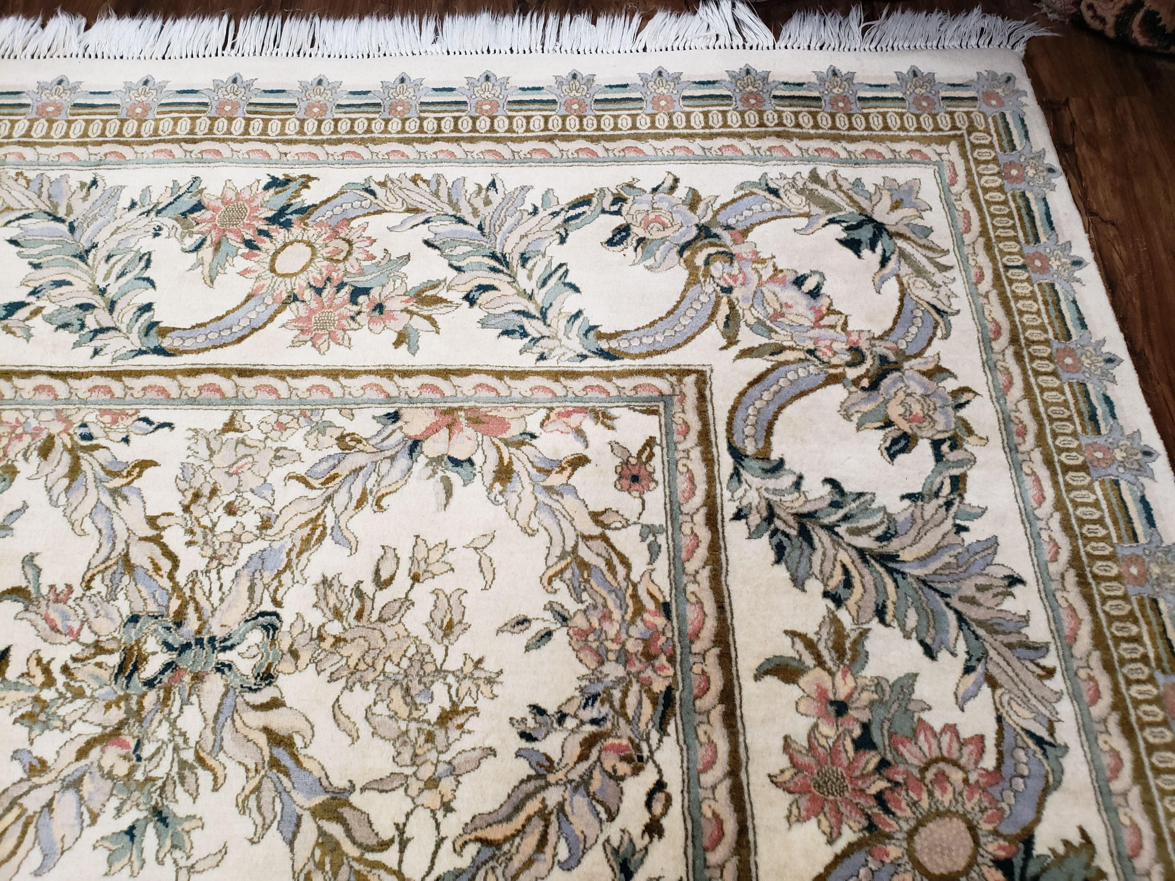 Pak Persian Floral Rug 11 x 12.6, Ivory, Very Fine, Hand Knotted