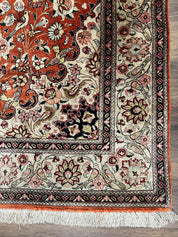 Persian Qum Silk Rug 5x7 - Floral Medallion, Birds, Orange-Red