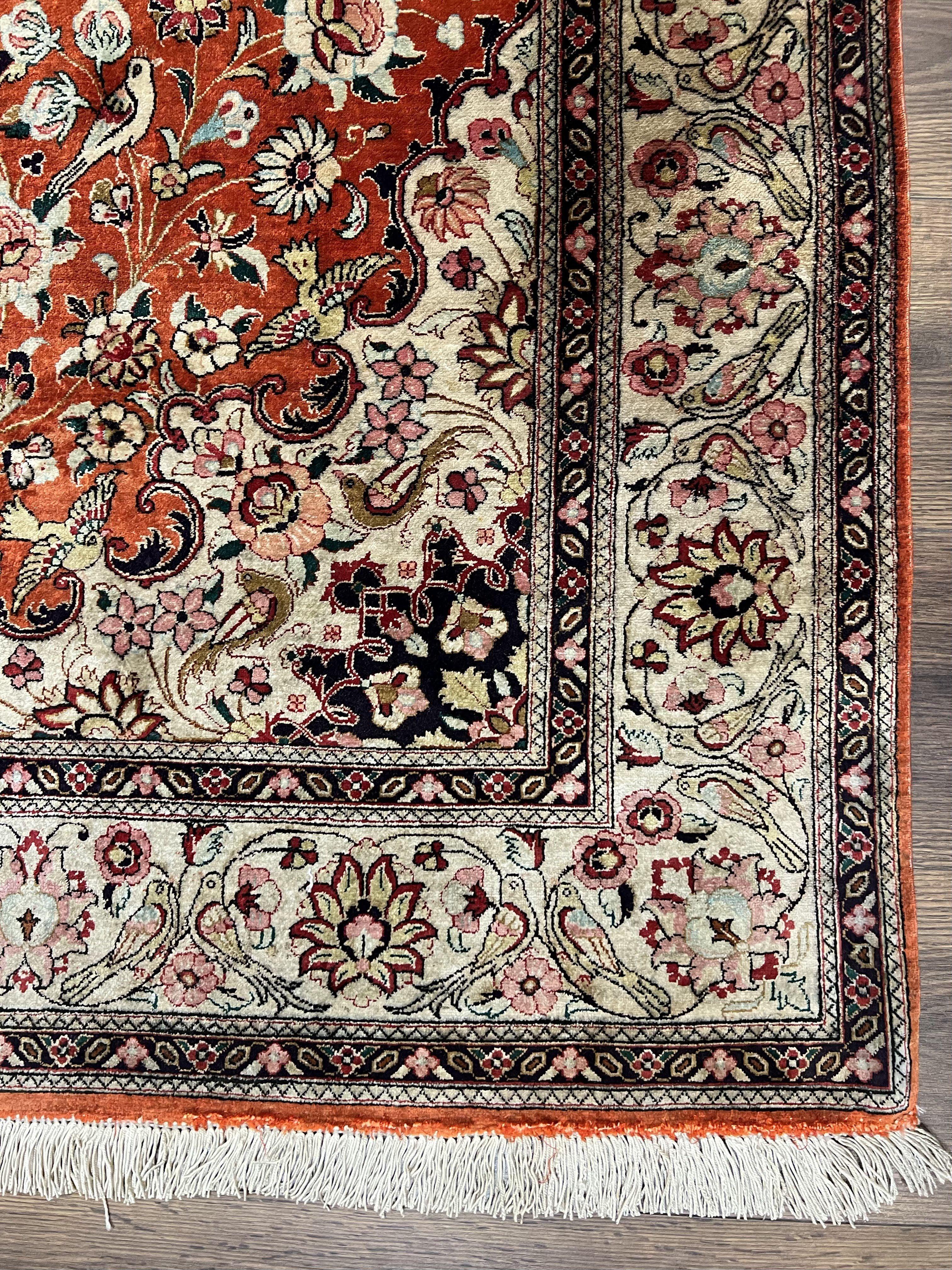 Persian Qum Silk Rug 5x7 - Floral Medallion, Birds, Orange-Red