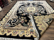 Aubusson Rug 9x12, Black and Beige, Floral, Elegant Handmade French European Design Carpet