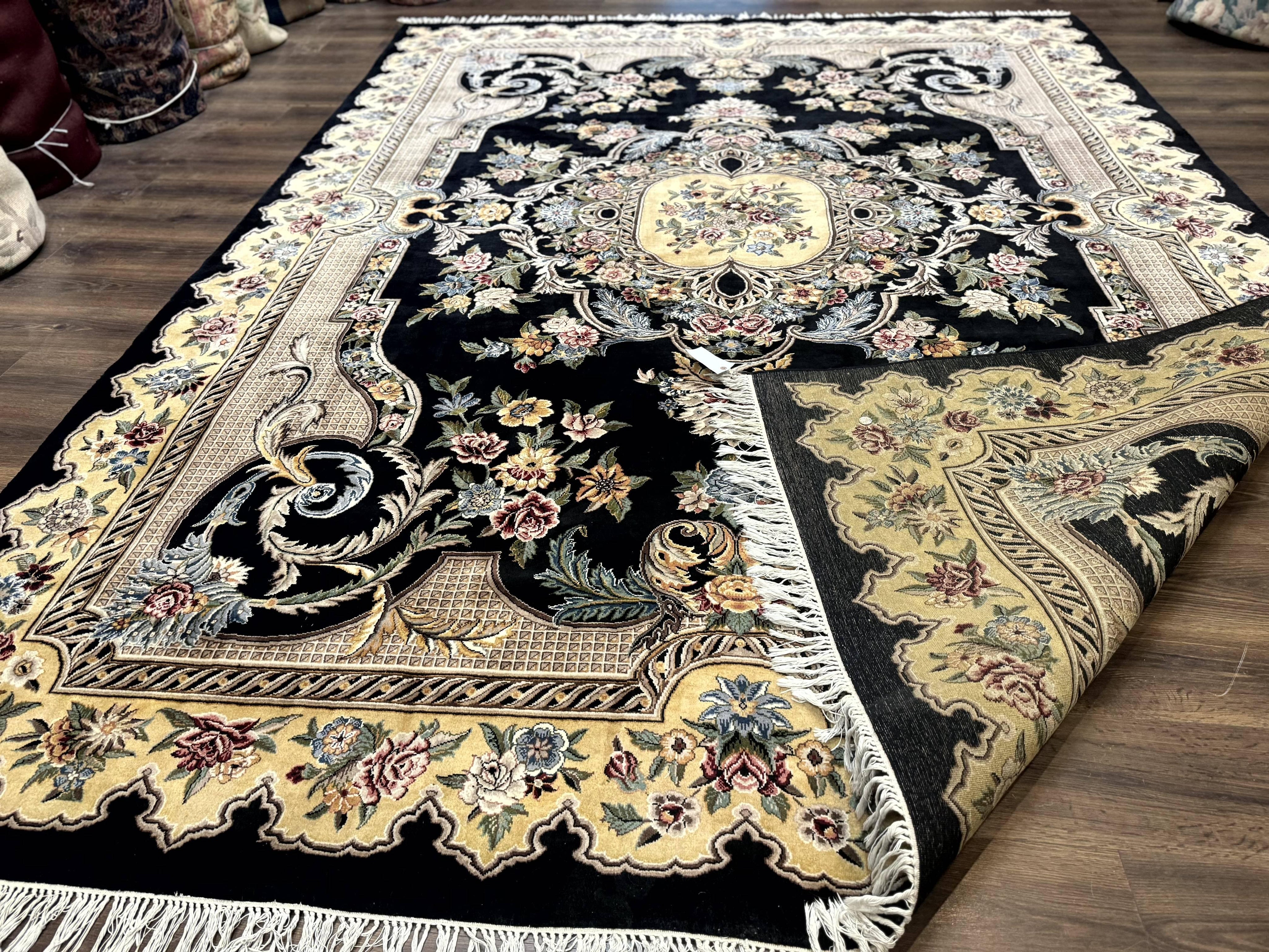 Aubusson Rug 9x12, Black and Beige, Floral, Elegant Handmade French European Design Carpet