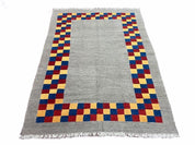 Gray Kilim Carpet, Yellow, Red, Blue Checkerboard Pattern, Flatweave, New, Geometric, Hand-Knotted, Wool, Turkish Area Rug, 5' 9" x 7' 9"