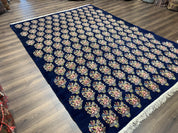 Persian Rug 9x12, Authentic Hand Knotted Carpet, Repeated Floral Motif Garden of Eden, Navy Blue Wool Rug 9 x 12, Semi Antique Kirman Rug